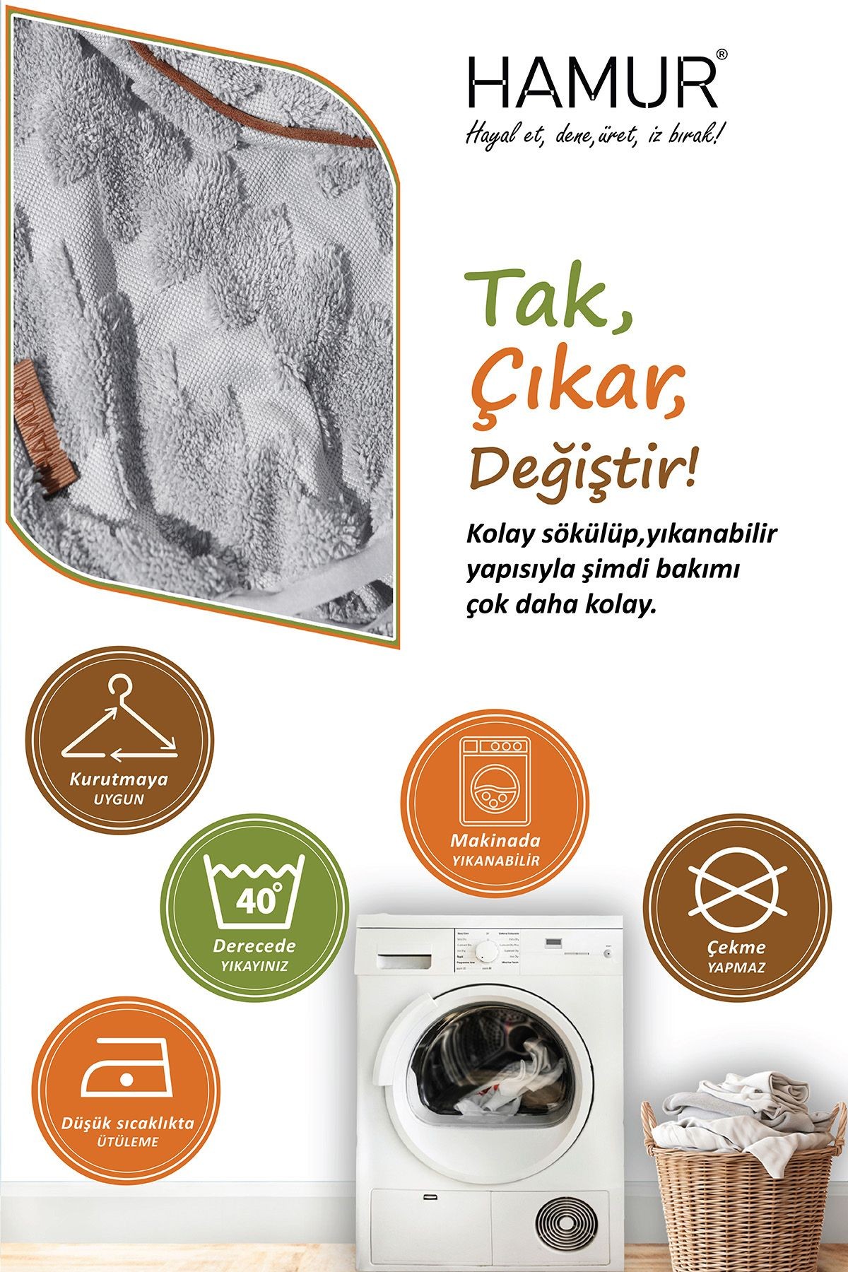 Yıkanabilir Puf Tabure Kılıfı Tak-Çıkar-Değiştir-Yenile Orta Sehpa Kılıfı By Zigzag Gri