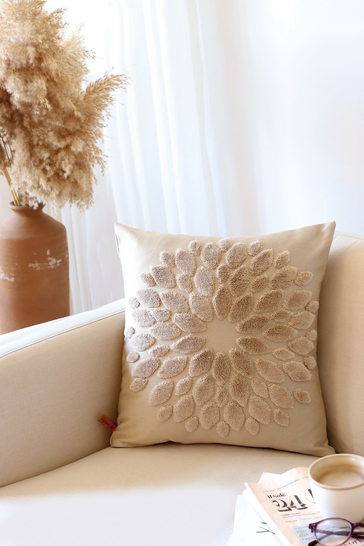 Bohem Özel Tasarım Punch Panç Desen Kare Dekoratif Kırlent Kılıfı Flower Natural 43x43 cm