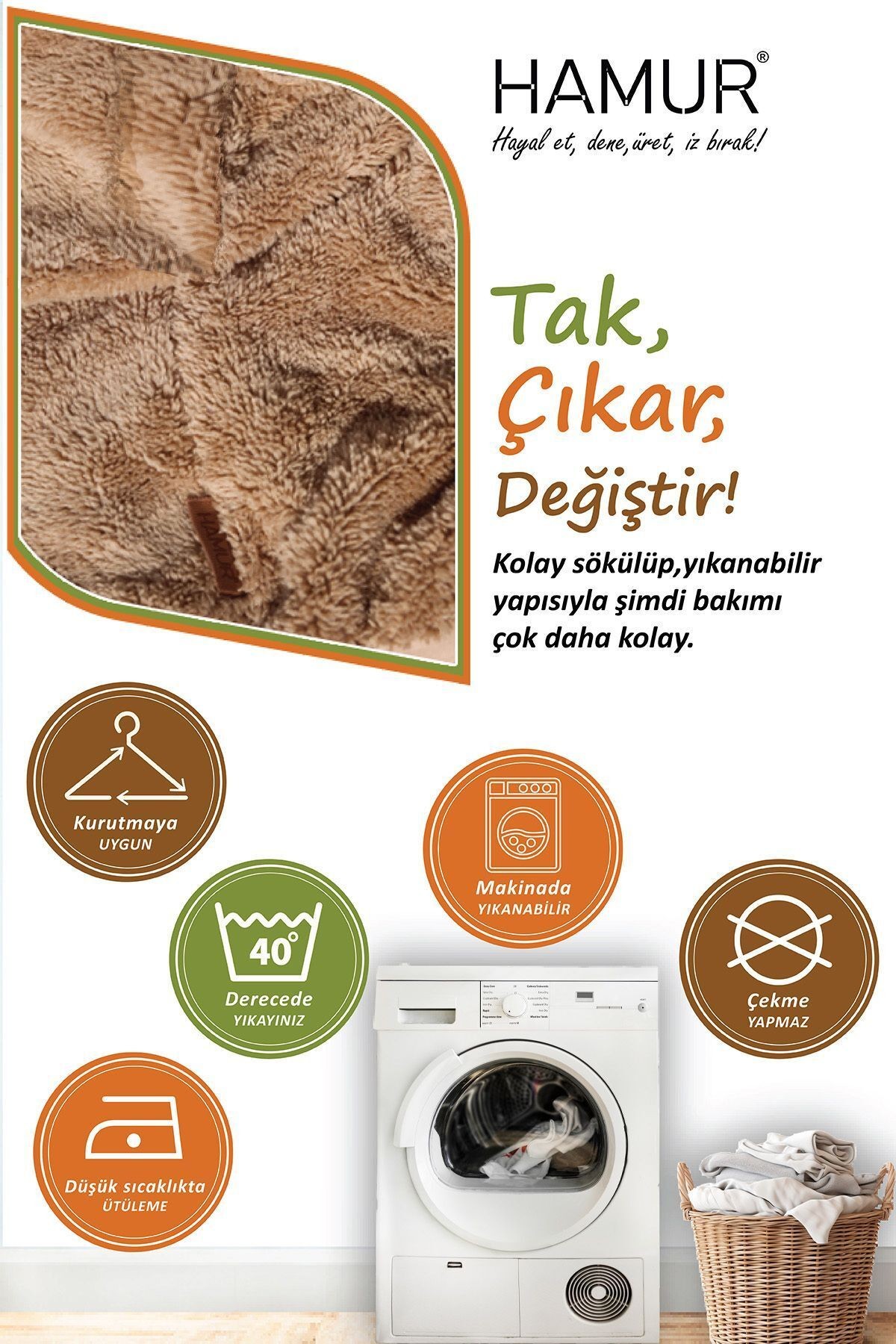 Yıkanabilir Puf Tabure Kılıfı Tak-Çıkar-Değiştir-Yenile Orta Sehpa Kılıfı Bb Teddy Bej