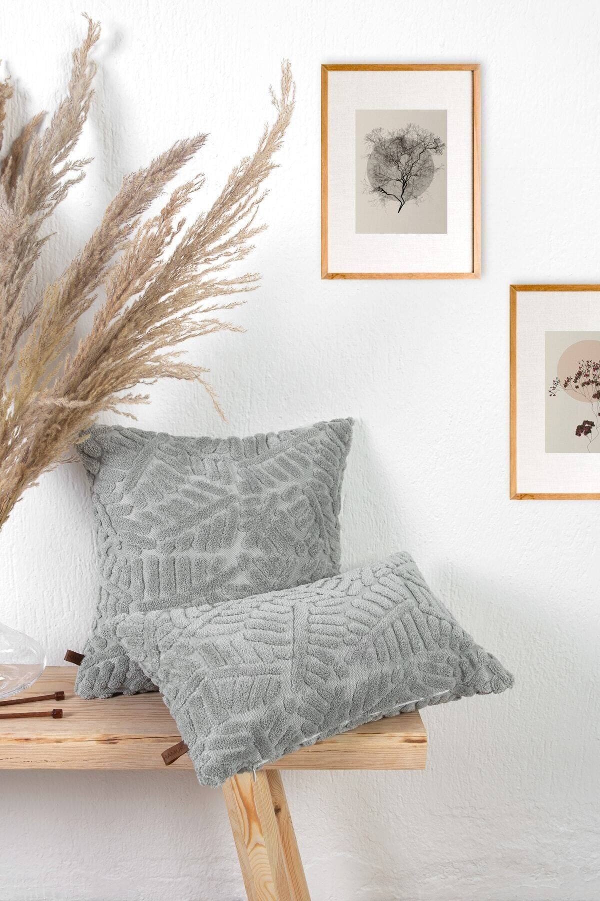 Bohem Özel Tasarım Punch Panç Desen Dikdörtgen Dekoratif Kırlent Kılıfı Forest Gri 28x50 cm