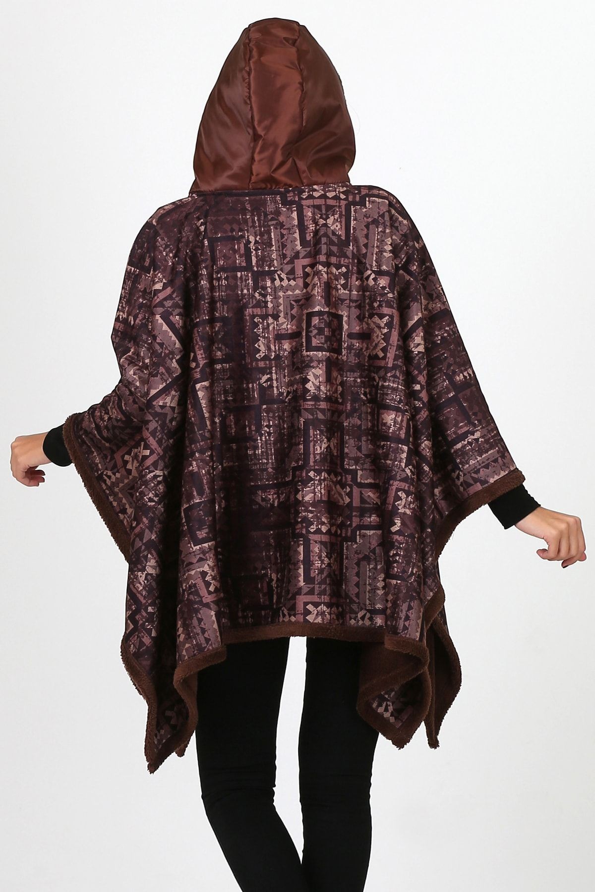 Kapşonlu Oversize Düğmeli Içi Kahverengi Peluş Kadife Mont Wein Kk-801