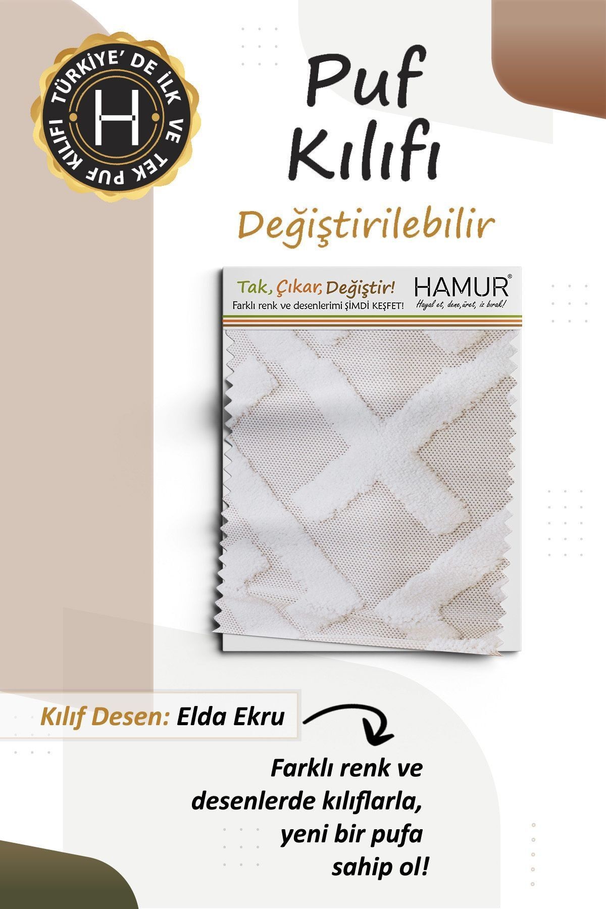 Yıkanabilir Puf Tabure Kılıfı Tak-Çıkar-Değiştir-Yenile Orta Sehpa Kılıfı By Elda Ekru
