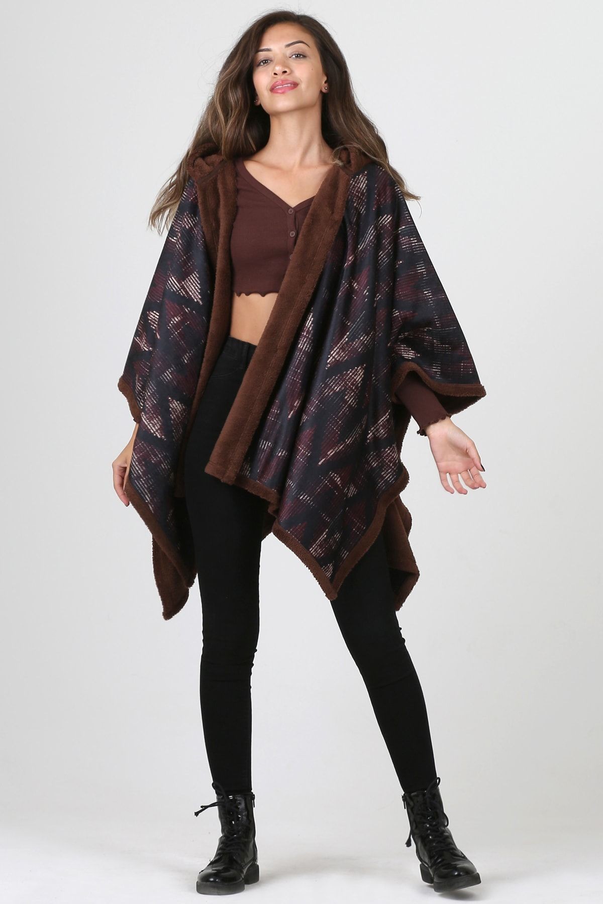 Kapşonlu Oversize Düğmeli Içi Kahverengi Peluş Kadife Mont Zigzag Kk-802