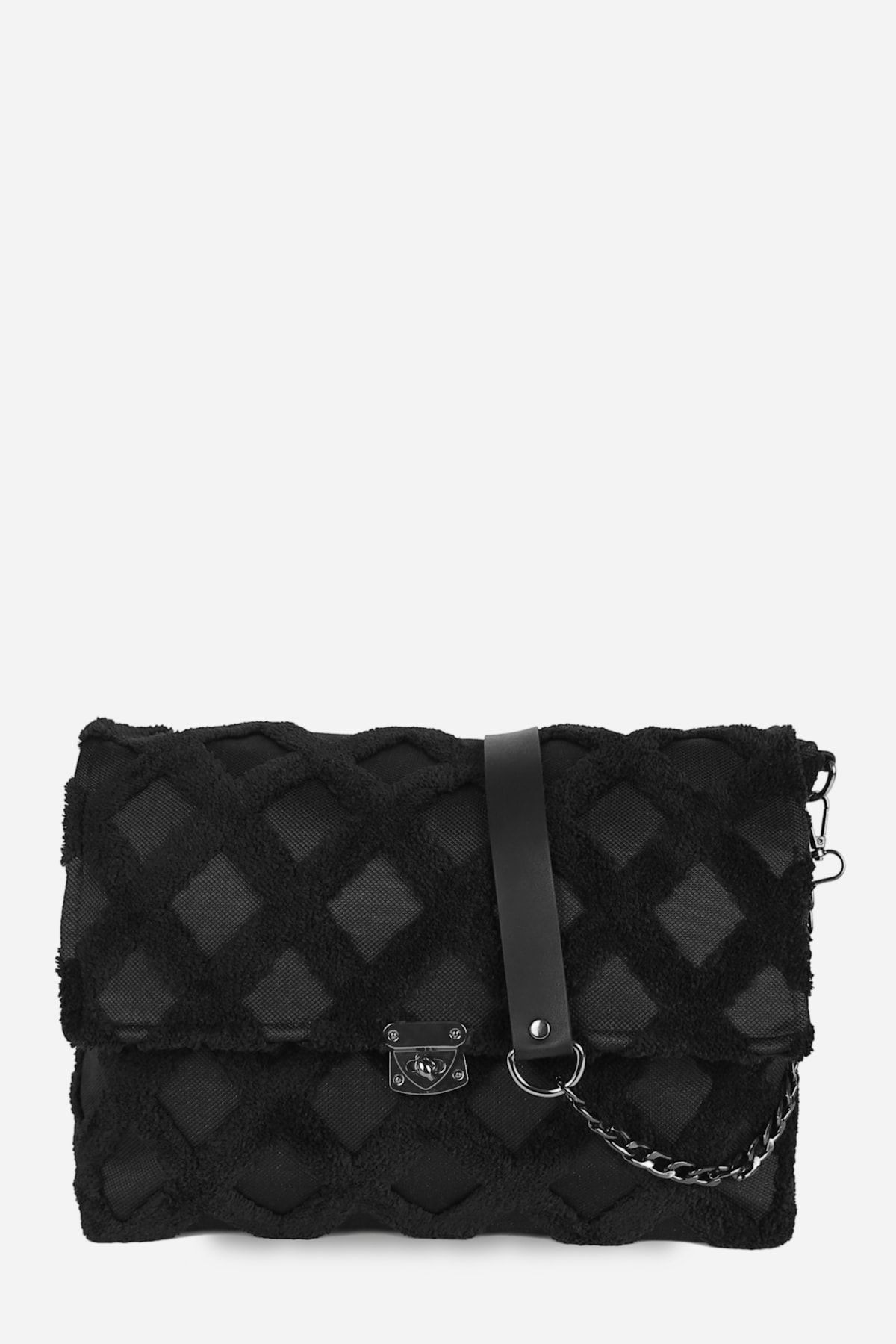 Kadın Kumaş El Ve Omuz Çantası Tweed Siyah Kürklü Peluş Örme Çapraz Askılı Çanta