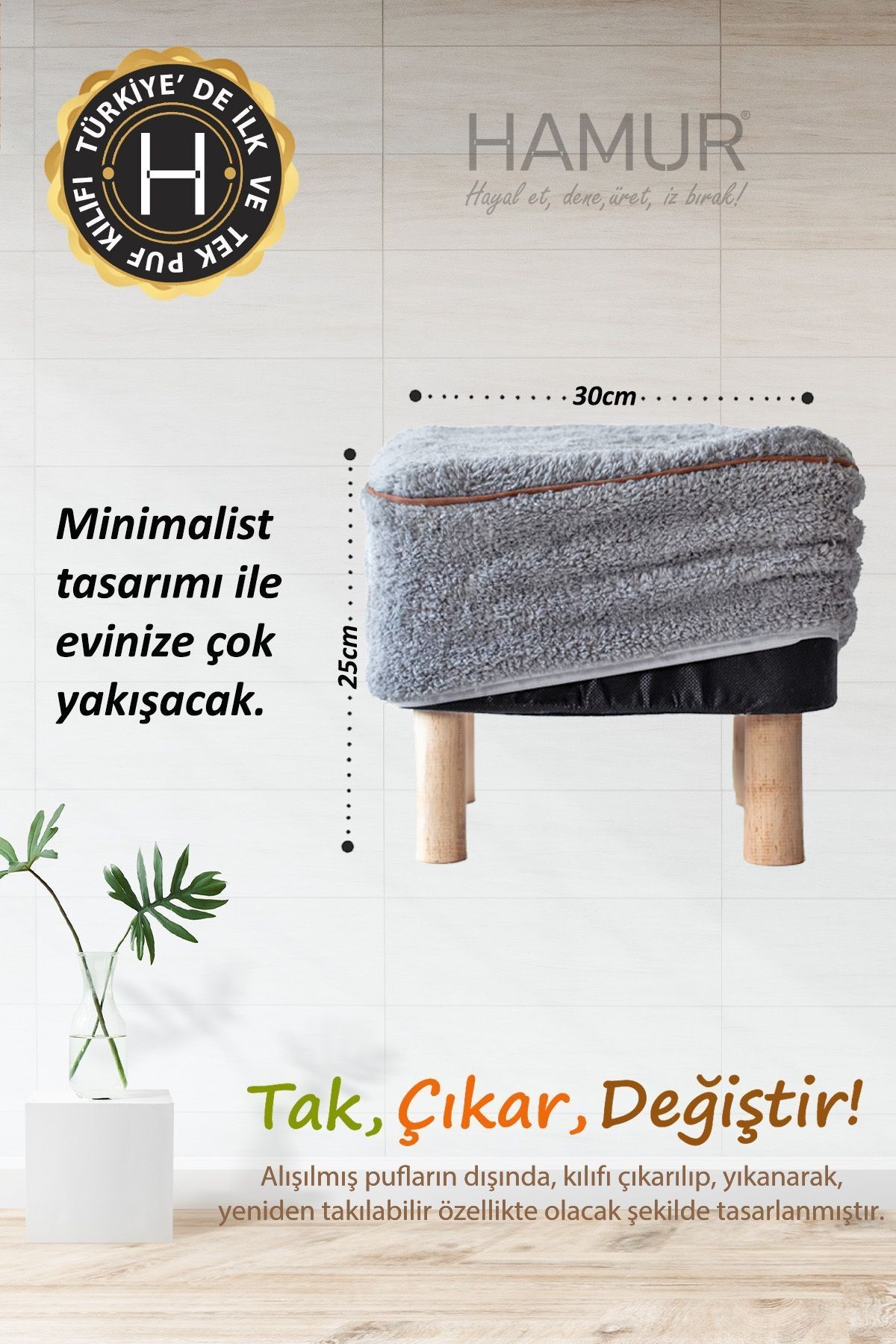 Yıkanabilir Puf Tabure Kılıfı Tak-Çıkar-Değiştir-Yenile Orta Sehpa Kılıfı Bb Teddy Gri
