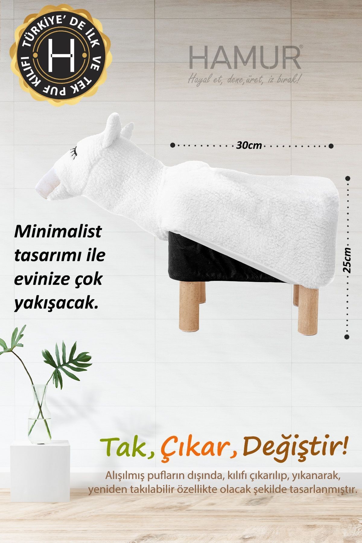 Yıkanabilir Puf Tabure Kılıfı Tak-Çıkar-Değiştir-Yenile Orta Sehpa Kılıfı Bb Fluffy Zoo Camel