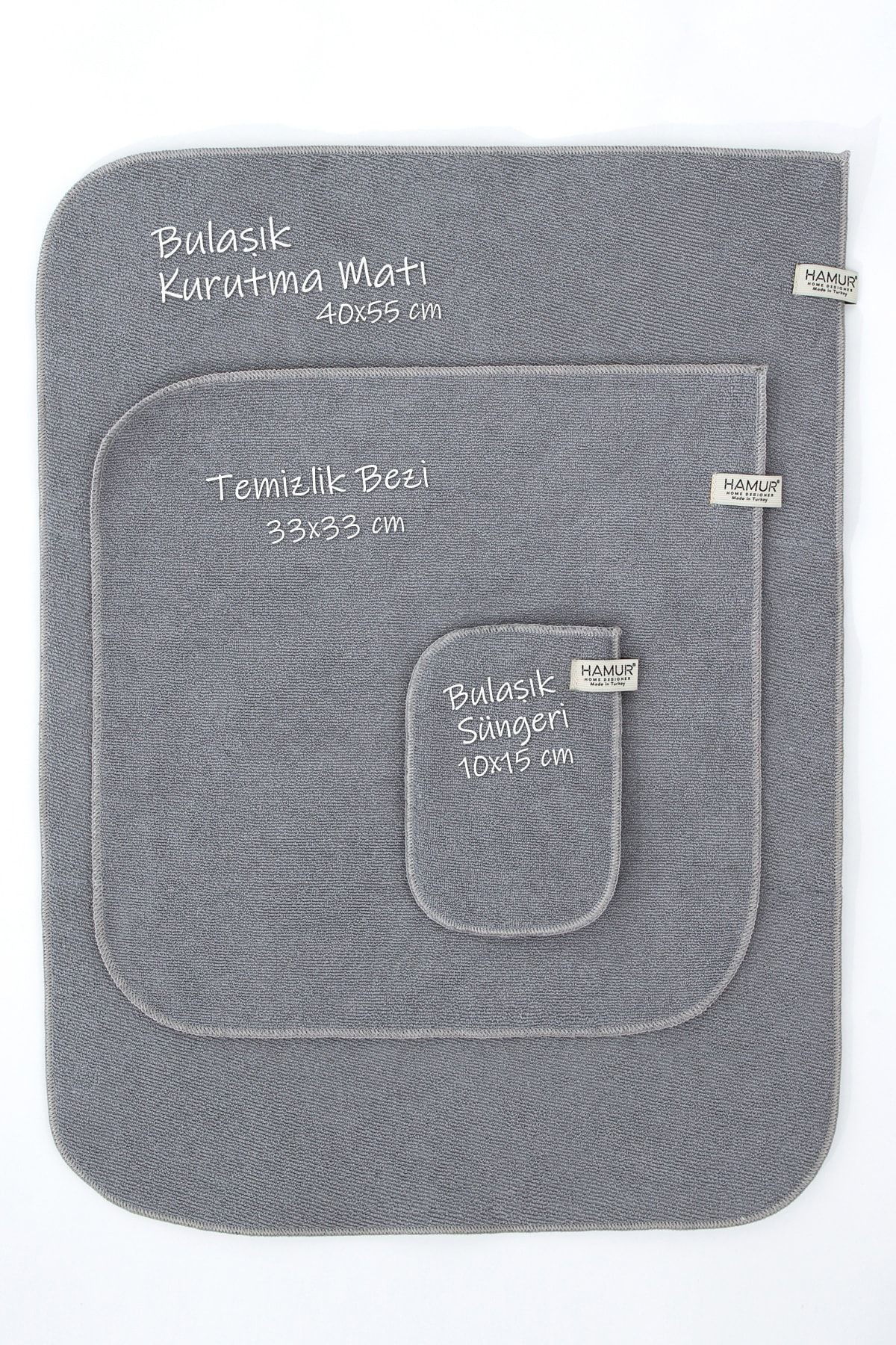 Gri Microwell 3 Prç Set Microfiber Bulaşık Kurutma Matı 3'lü Mutfak Seti Kurulama Bezi Örtüsü