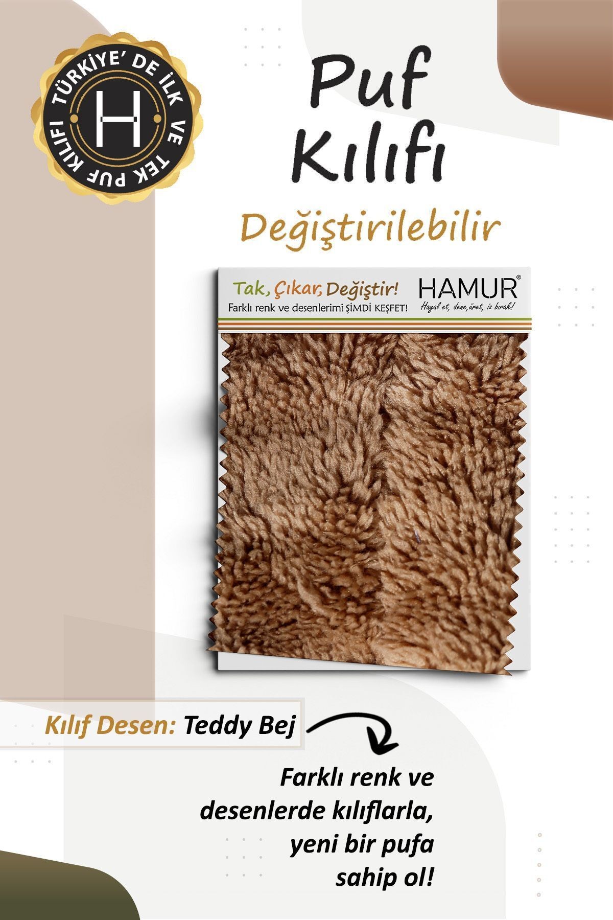 Yıkanabilir Puf Tabure Kılıfı Tak-Çıkar-Değiştir-Yenile Orta Sehpa Kılıfı Bb Teddy Bej