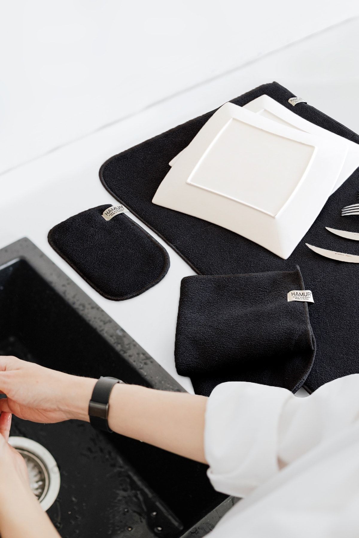 Siyah Microwell 3 Prç Set Microfiber Bulaşık Kurutma Matı 3'lü Mutfak Seti Kurulama Bezi Örtüsü