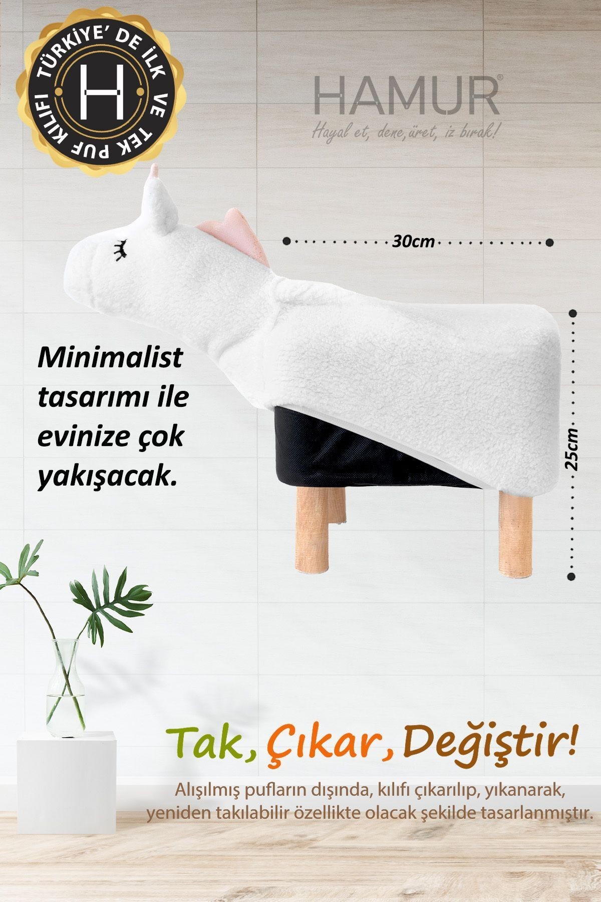 Yıkanabilir Puf Tabure Kılıfı Tak-Çıkar-Değiştir-Yenile Orta Sehpa Kılıfı Bb Fluffy Zoo Unicorn