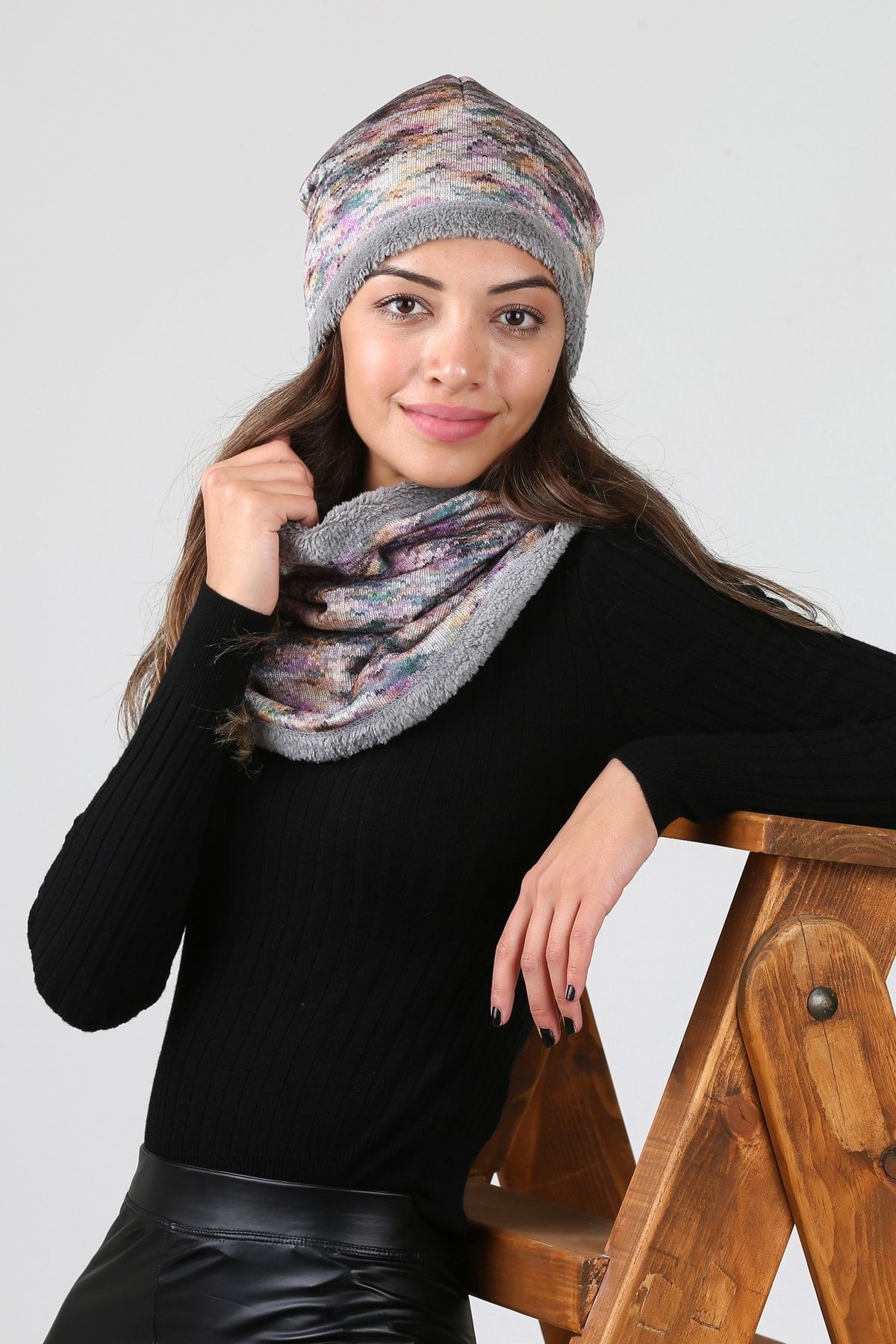 Gri Kadın Bere Ve Boyunluk 2li Set Takım Tricot Bb-093