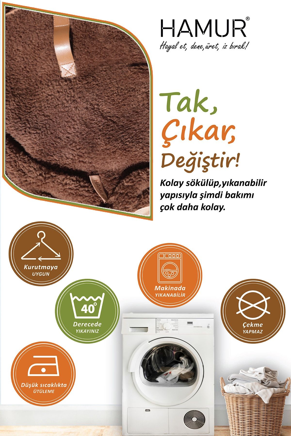 Yıkanabilir Puf Tabure Kılıfı Tak-Çıkar-Değiştir-Yenile Orta Sehpa Kılıfı By Teddy Kahve