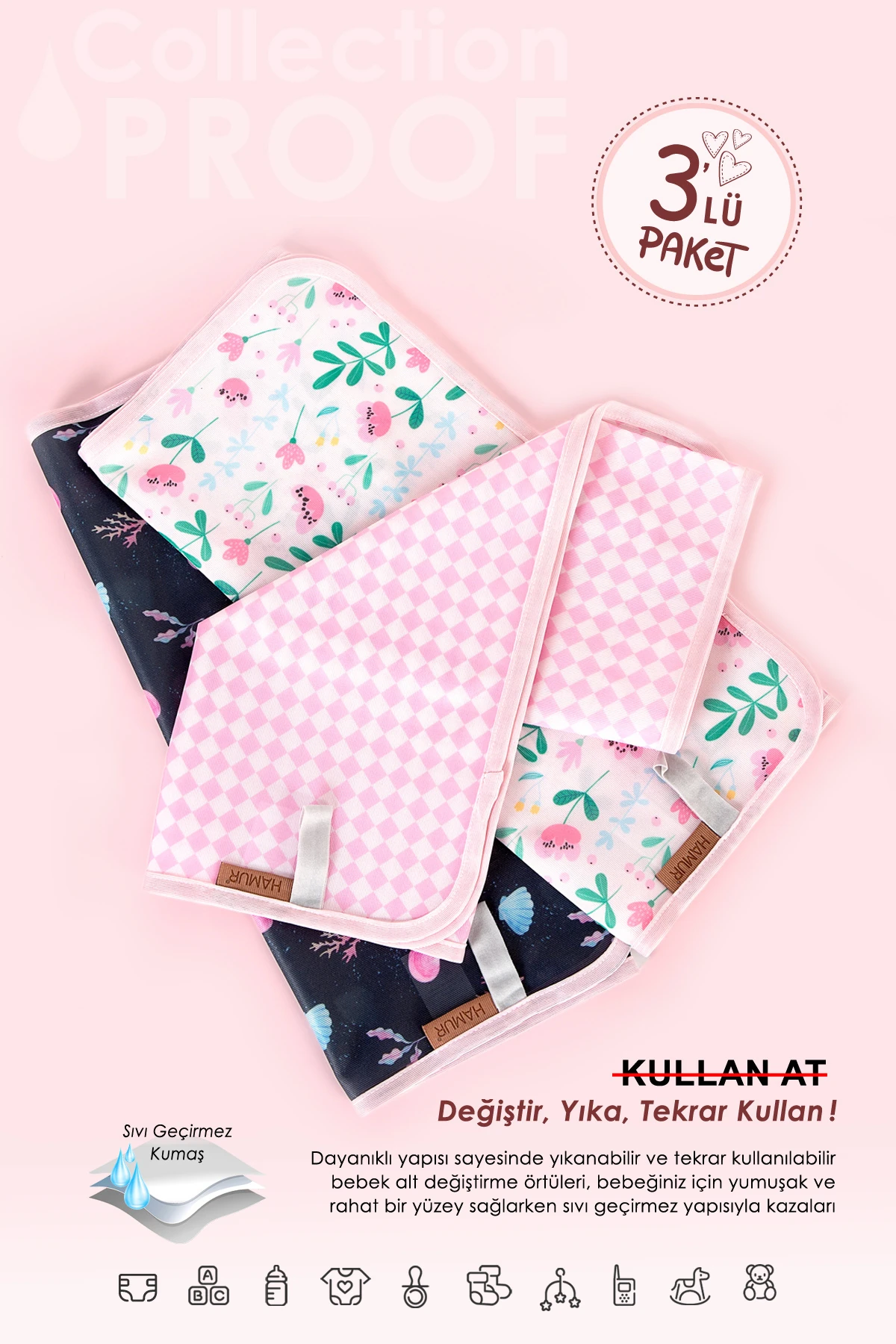 PROOF ALT AÇMA ÖRTÜSÜ 47x74 CM 3'LÜ PEMBE GRUP