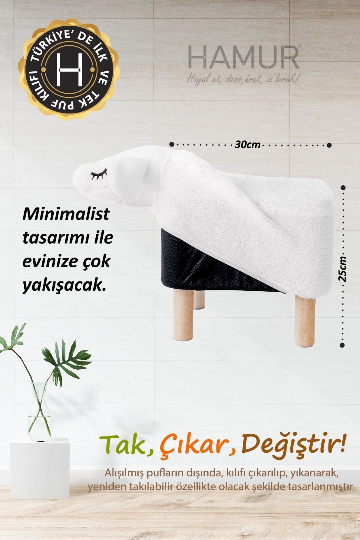 Yıkanabilir Puf Tabure Kılıfı Tak-Çıkar-Değiştir-Yenile Orta Sehpa Kılıfı Bb Fluffy Zoo Sheep