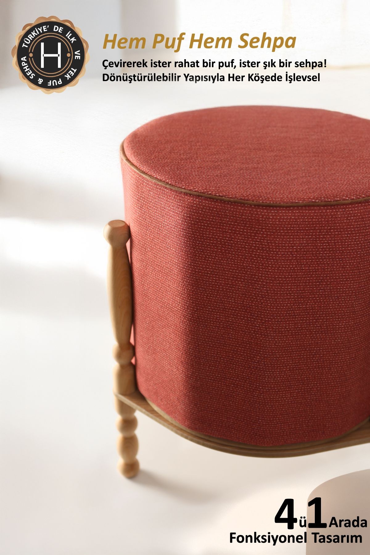 Ahşaplı Sehpa/Puf Çift Taraflı Linen WellKahve