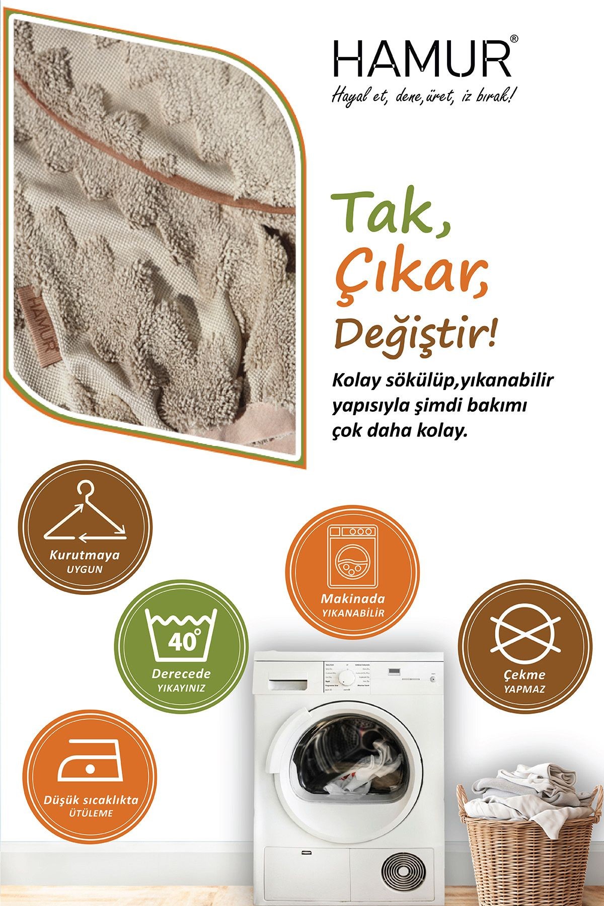 Yıkanabilir Puf Tabure Kılıfı Tak-Çıkar-Değiştir-Yenile Orta Sehpa Kılıfı By Zigzag Natural