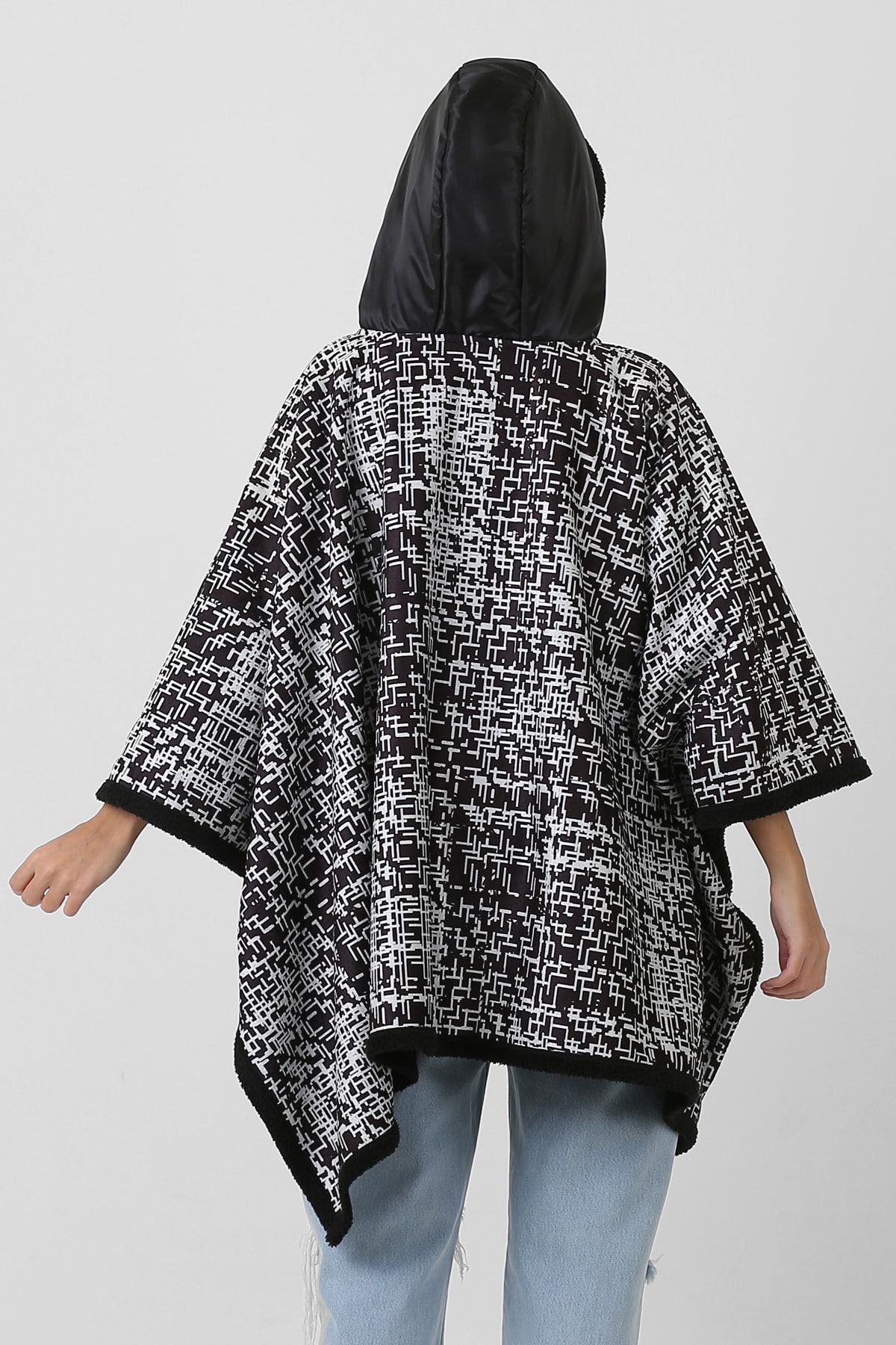 Kapşonlu Oversize Düğmeli Içi Siyah Peluş Kadife Mont Tüvit Kk-803