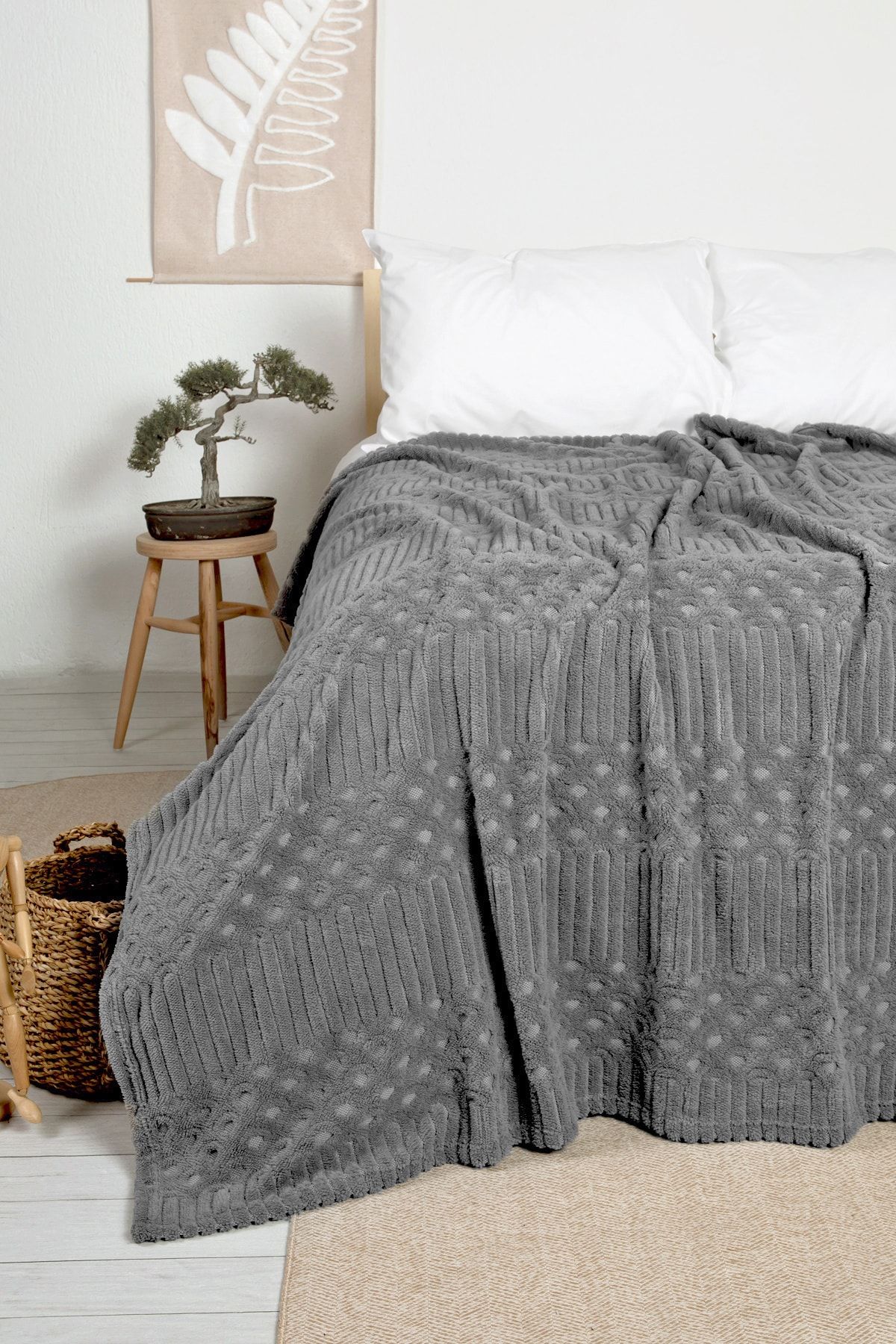 Petek Tek Kişilik Jakarlı Örme Battaniye Koyu Gri