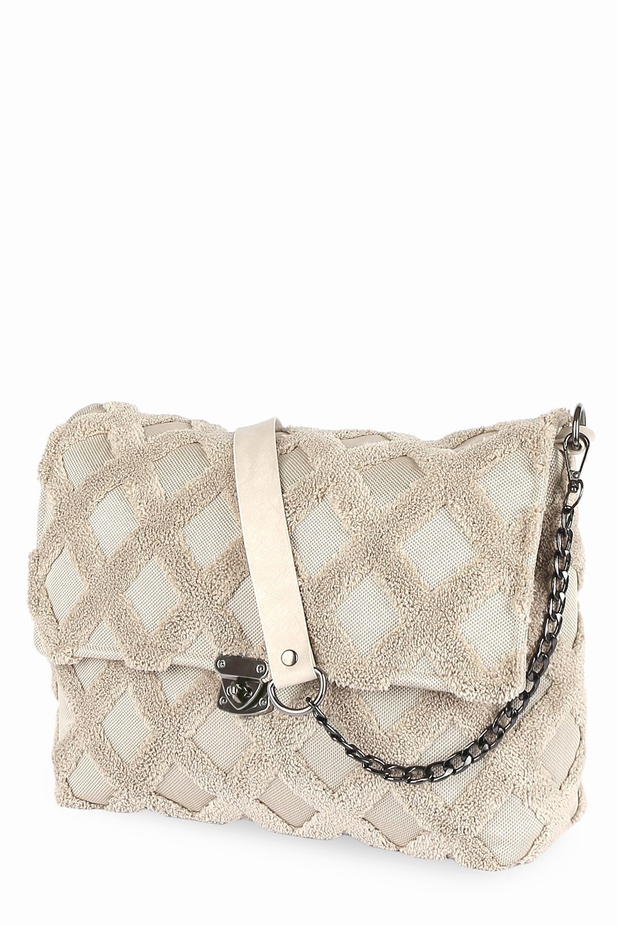 Kadın Kumaş El Ve Omuz Çantası Tweed Natural Kürklü Peluş Örme Çapraz Askılı Çanta