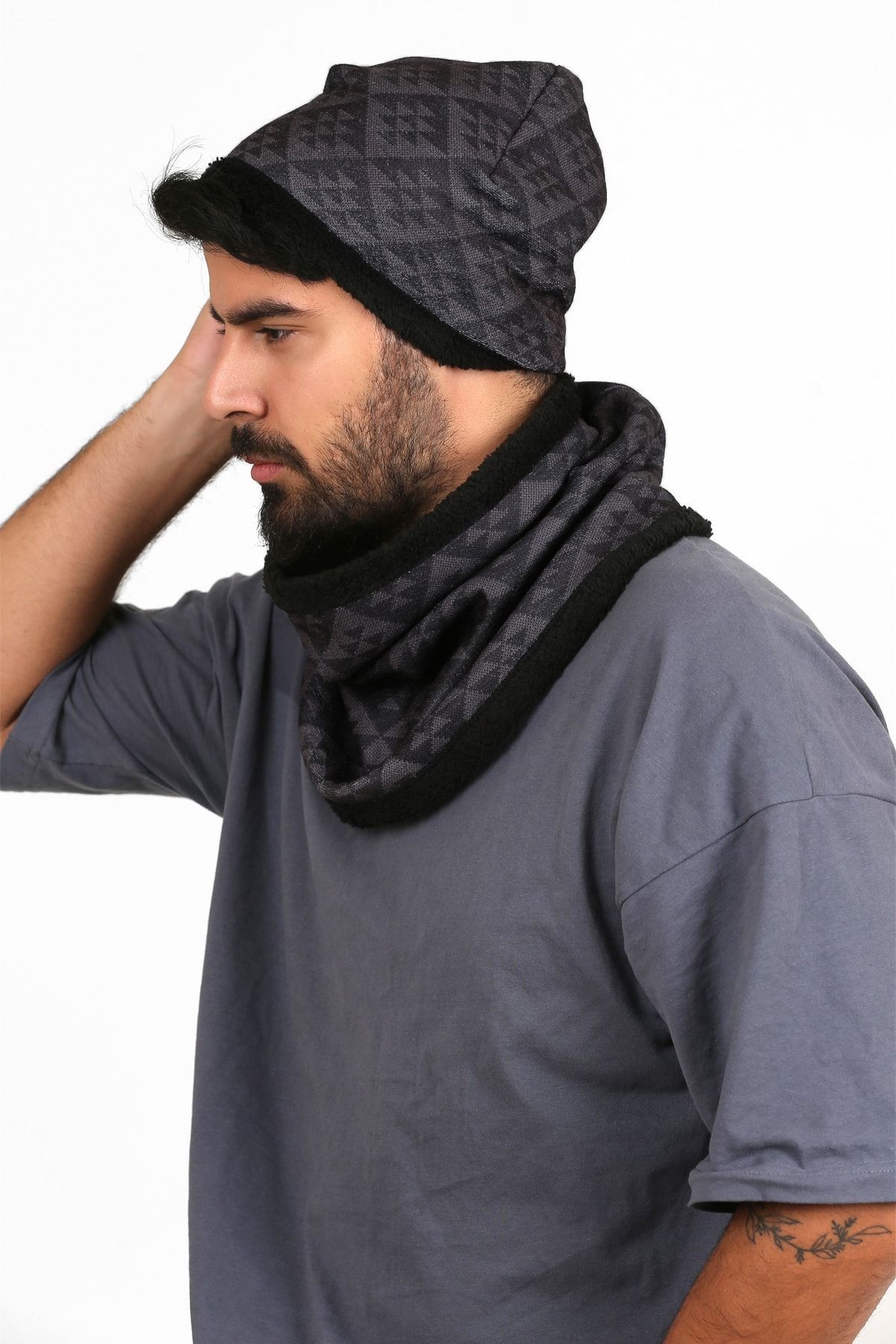 Gri Erkek Bere Ve Boyunluk 2li Set Takım Örme Desen Bb-106