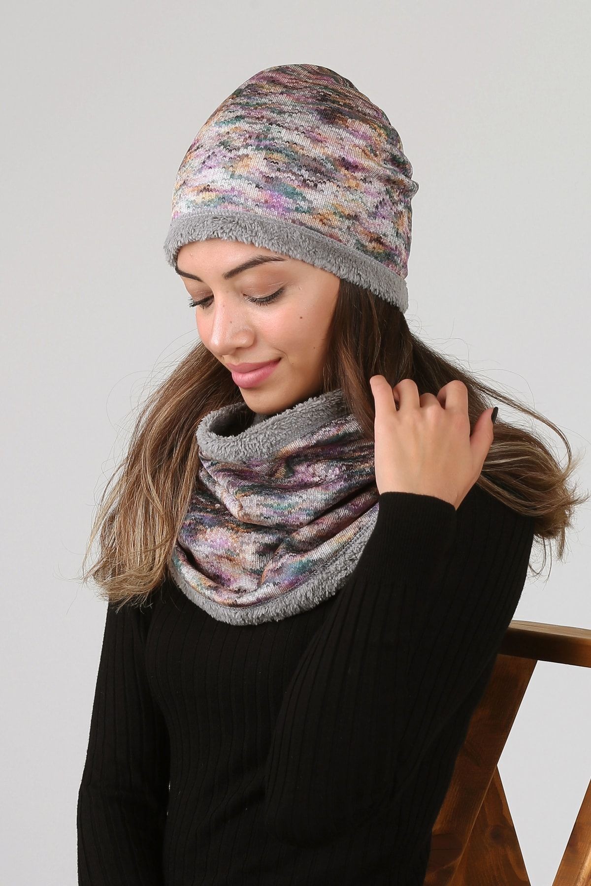 Gri Kadın Bere Ve Boyunluk 2li Set Takım Tricot Bb-093
