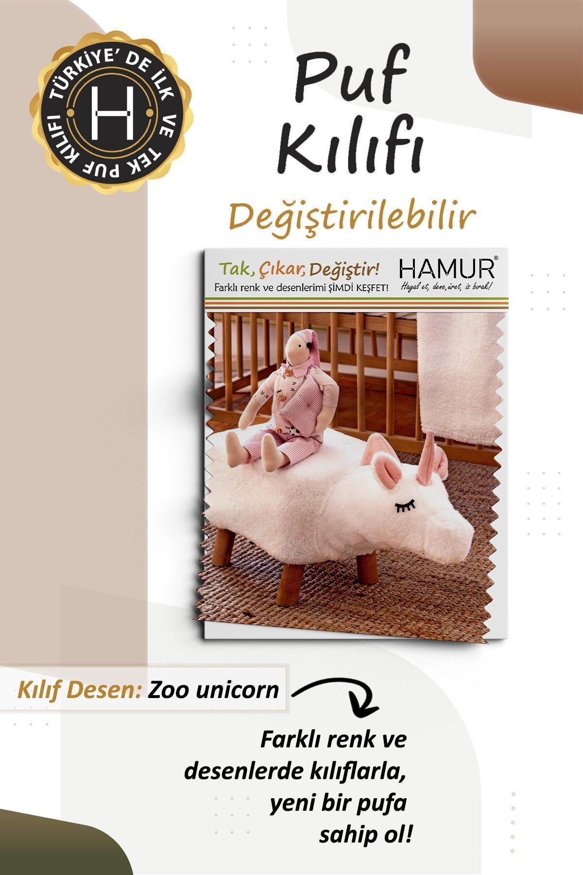 Yıkanabilir Puf Tabure Kılıfı Tak-Çıkar-Değiştir-Yenile Orta Sehpa Kılıfı Bb Fluffy Zoo Unicorn
