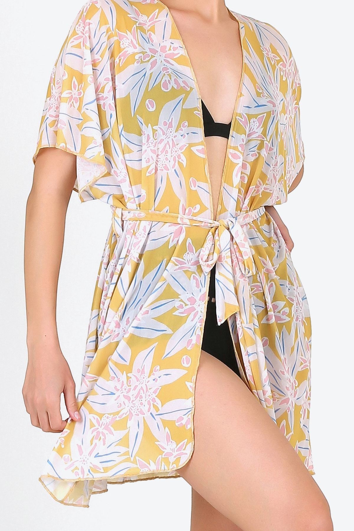 Pareo Plaj Elbisesi Kimono Std Çiçekler Sarı