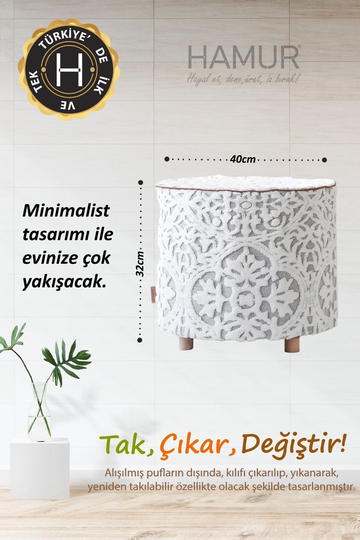 Yıkanabilir Kılıflı Puf Köşegen İskandinav Bohem Punch  Orta Sehpa Koltuk Tabure Motif Gri