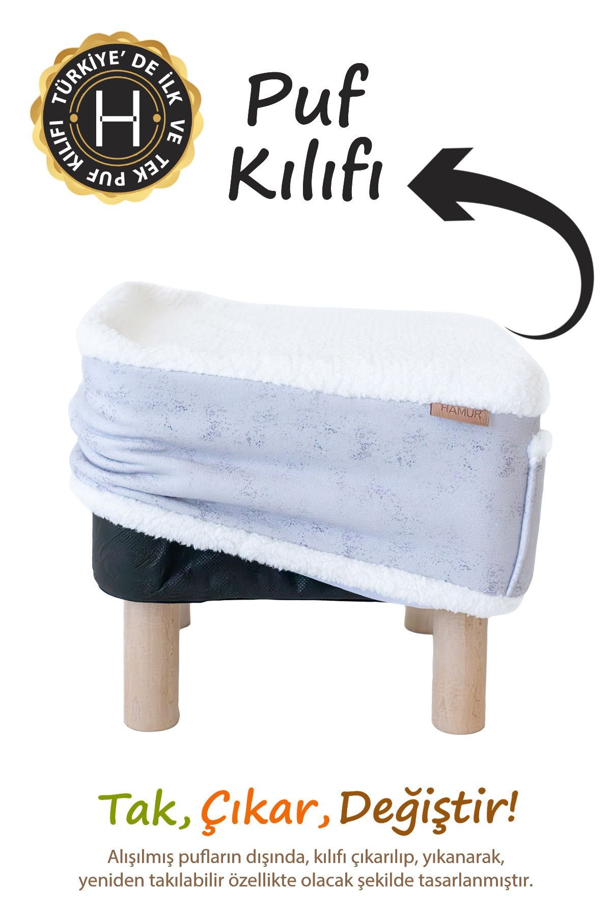 Tek kılıf Puf/Tabure Cepli Kids Solid Gri