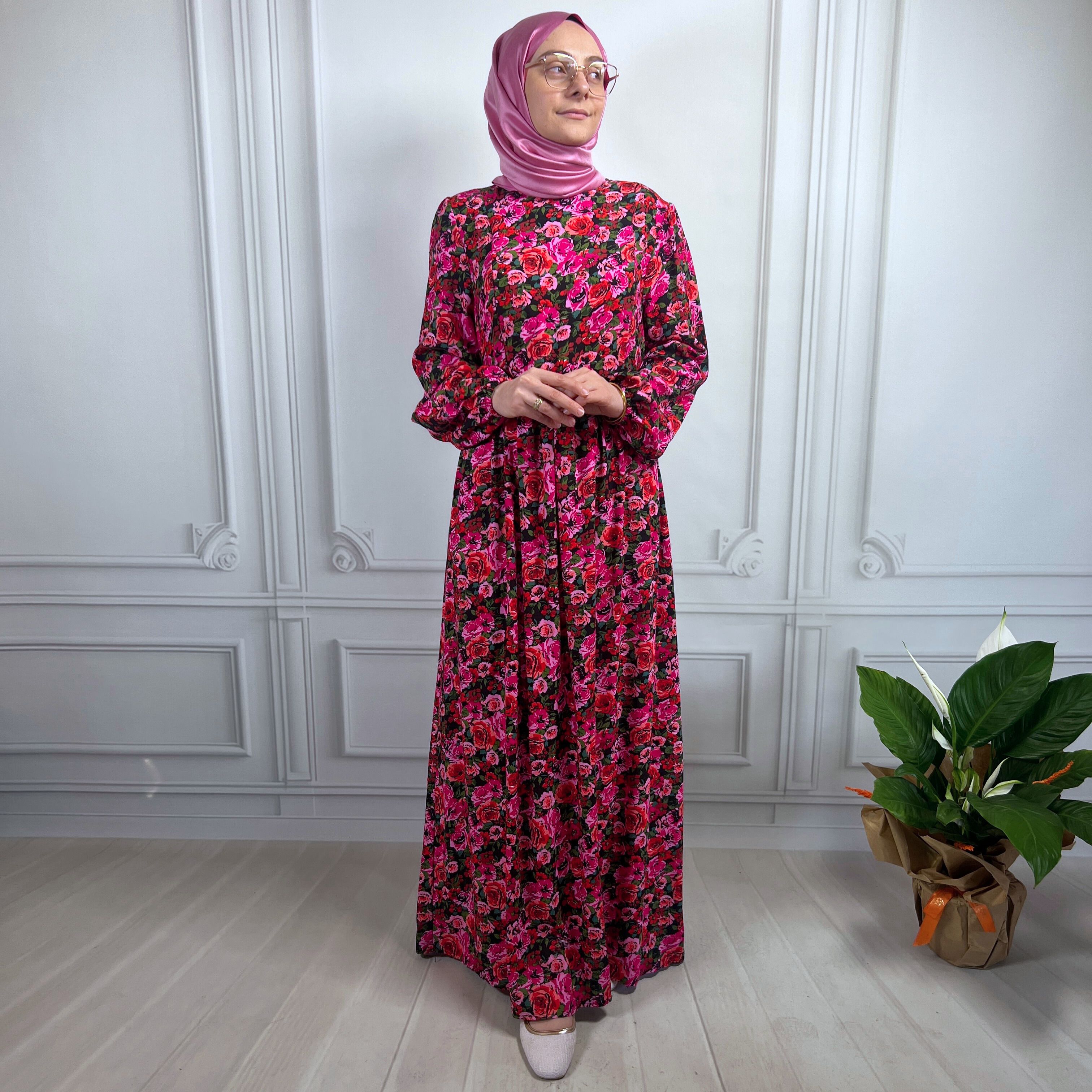 Mersha Kırmızı Gül Bahçesi Viskon Emzirme Özellikli Elbise Lohusa Giyim