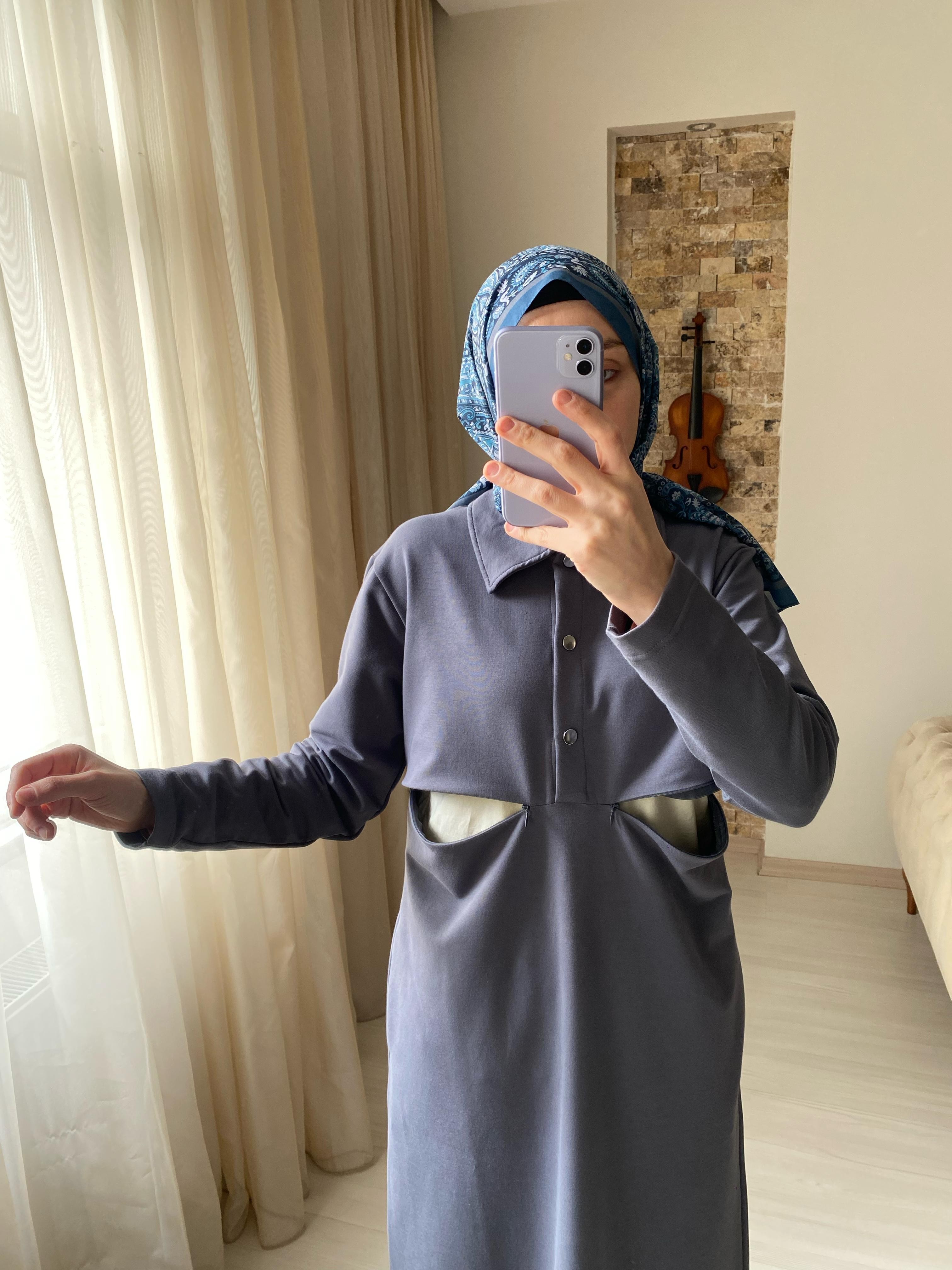 Mersha Antrasit Polo Emzirme Elbisesi Lohusa Anneler İçin Pratik Tasarım