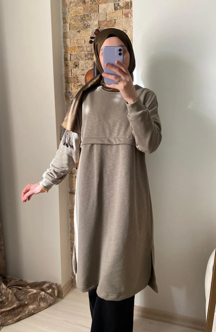 Mersha Oversize Emzirme Özellikli Lohusa Tuniği 100cm - Lohusa Giysi - Çağla Yeşil