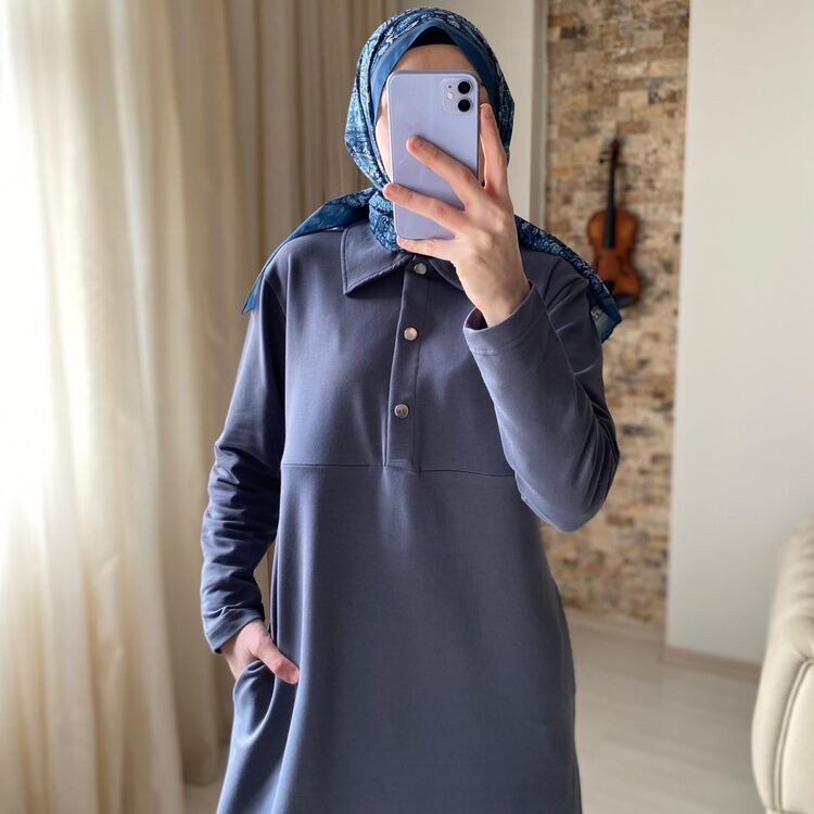 Mersha Antrasit Polo Emzirme Elbisesi Lohusa Anneler İçin Pratik Tasarım