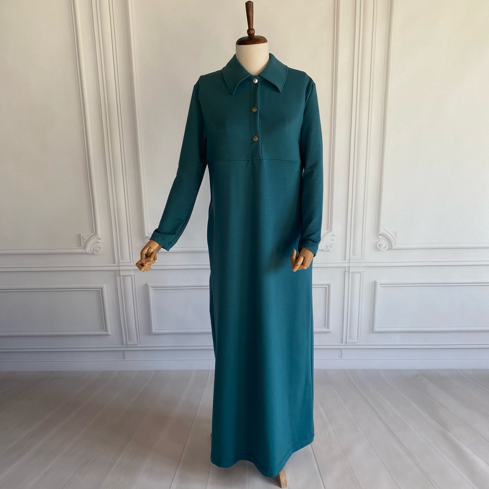 Mersha Petrol Yeşil Polo Emzirme Elbisesi Lohusa Anneler İçin Pratik Tasarım