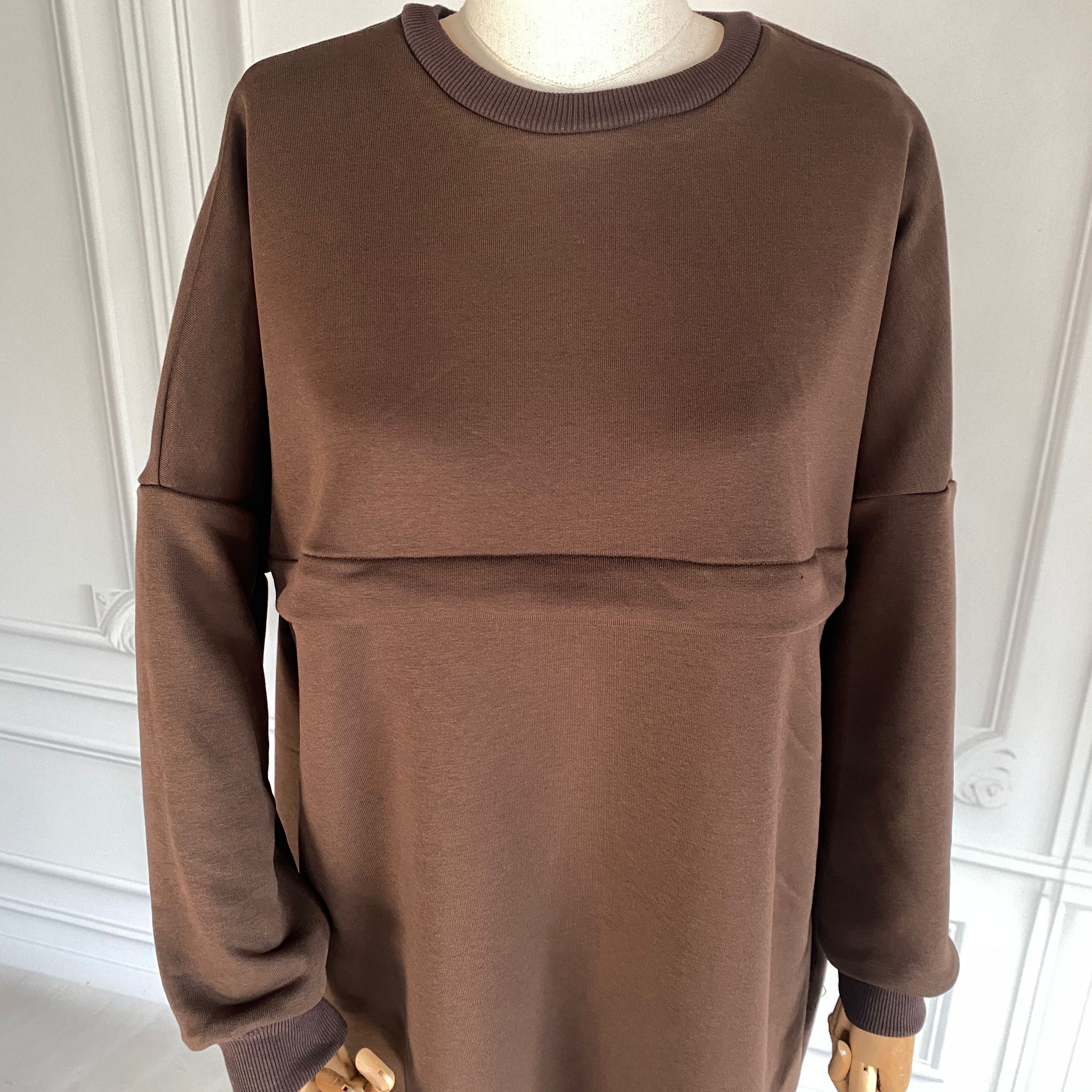 Mersha Oversize Emzirme Özellikli Lohusa Tuniği 100cm - Lohusa Giysi - Kahverengi