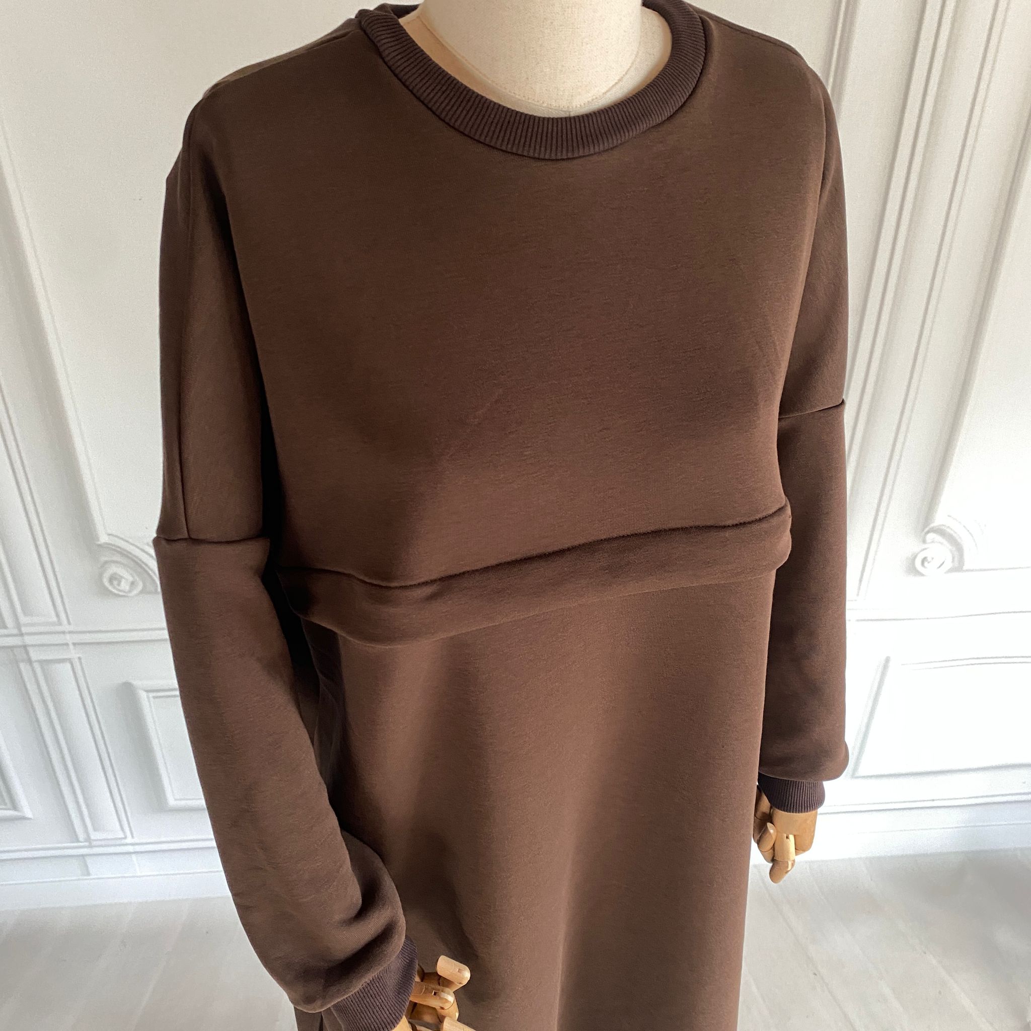 Mersha Oversize Emzirme Özellikli Lohusa Tuniği 100cm - Lohusa Giysi - Kahverengi