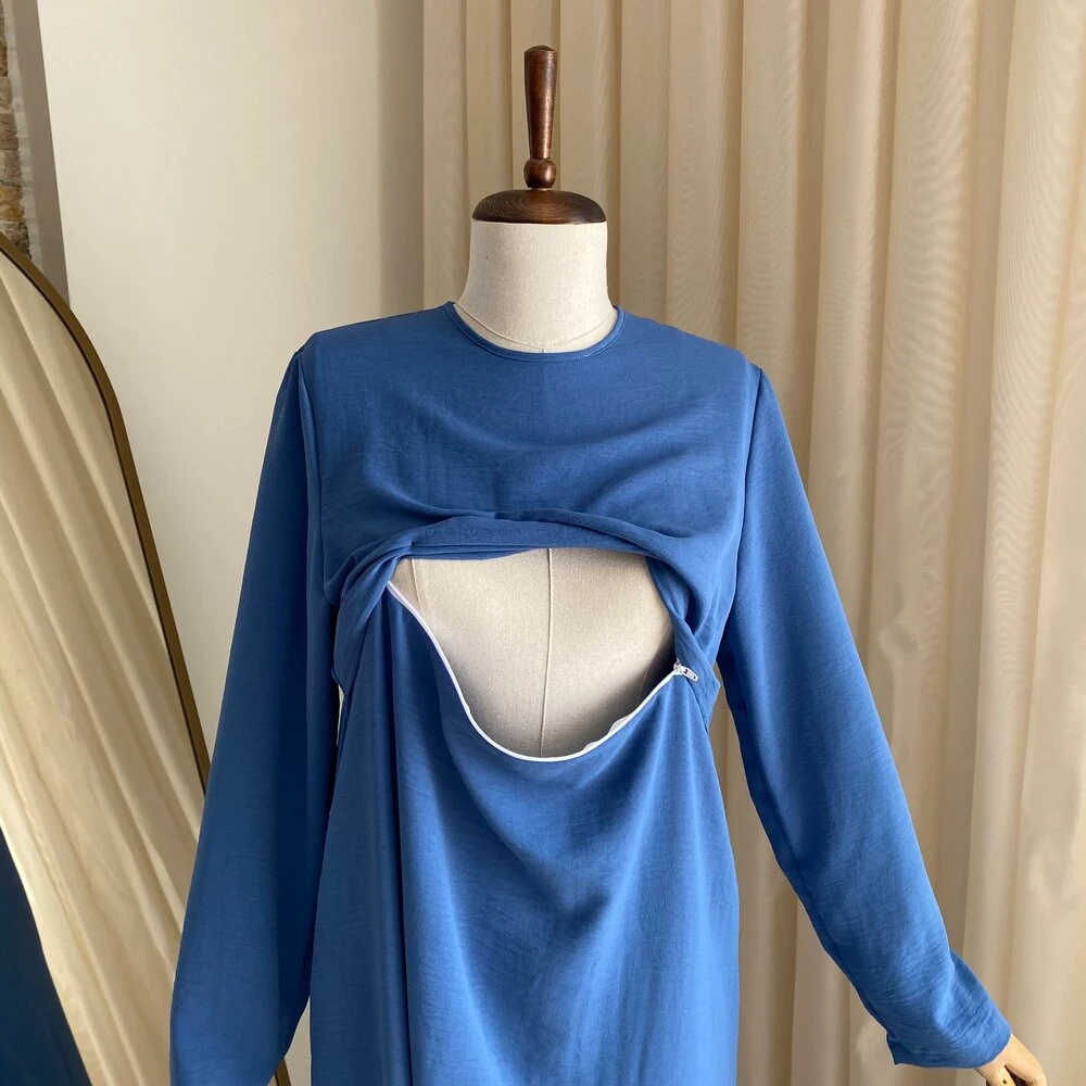 Mersha İndigo Ayrobin Emzirme Elbisesi Lohusa Anneler İçin Özel Tasarım