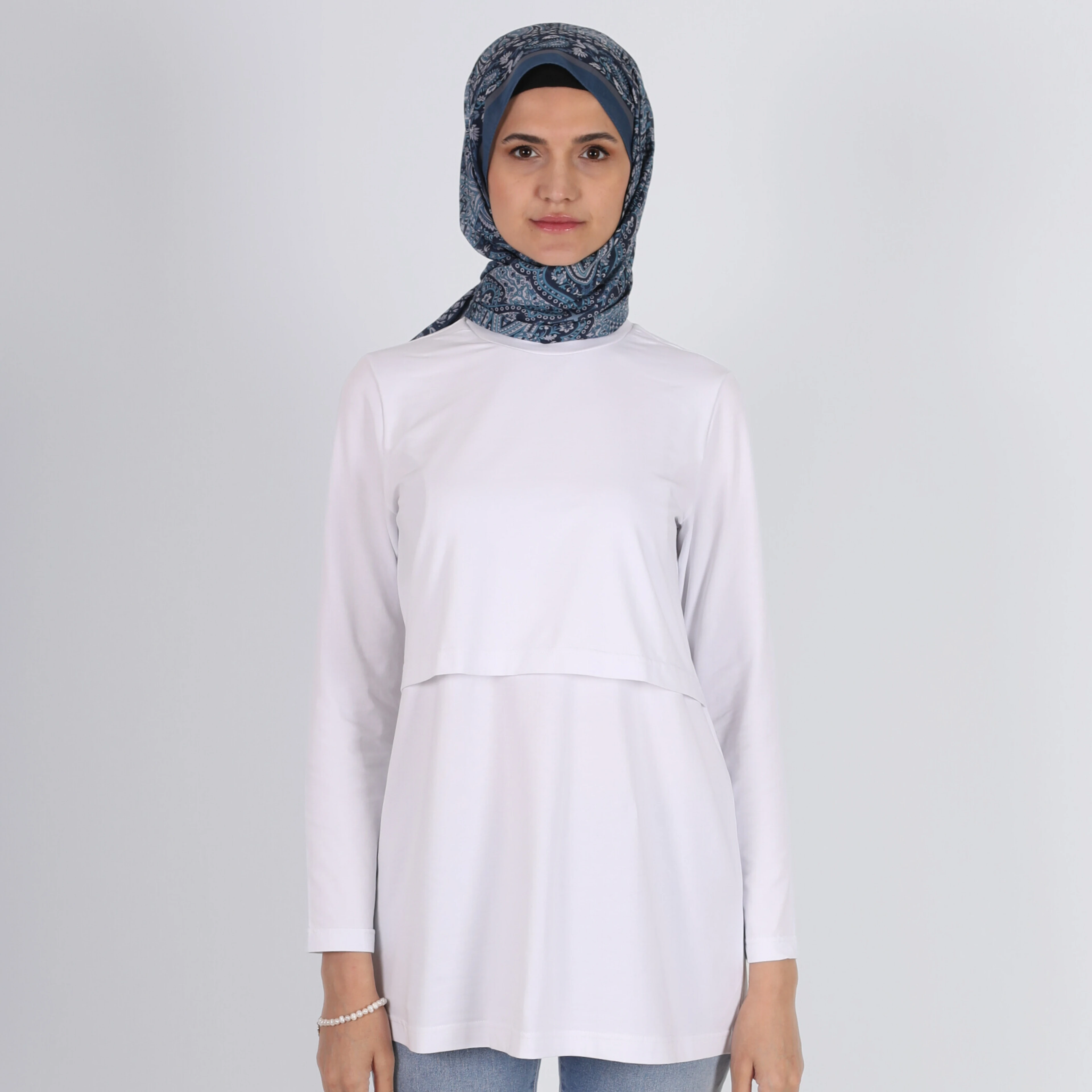 Mersha Pamuk Uzun Kol Emzirme Badisi - Lohusalık Dönemi Anne Giyim - Beyaz