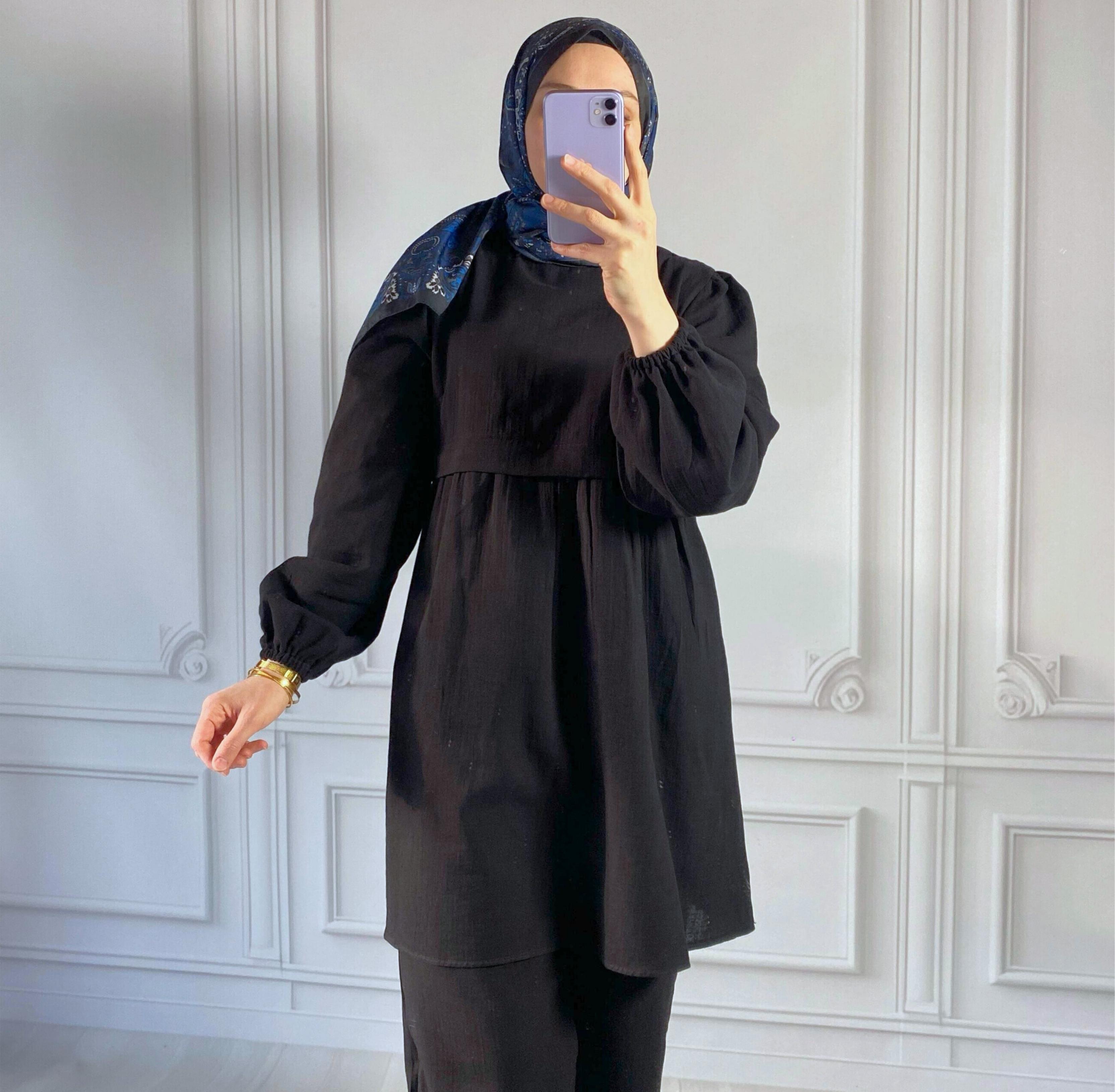 Mersha Müslin Emzirme Tunik Takımı Lohusalık Dönemi Anneler İçin - Siyah