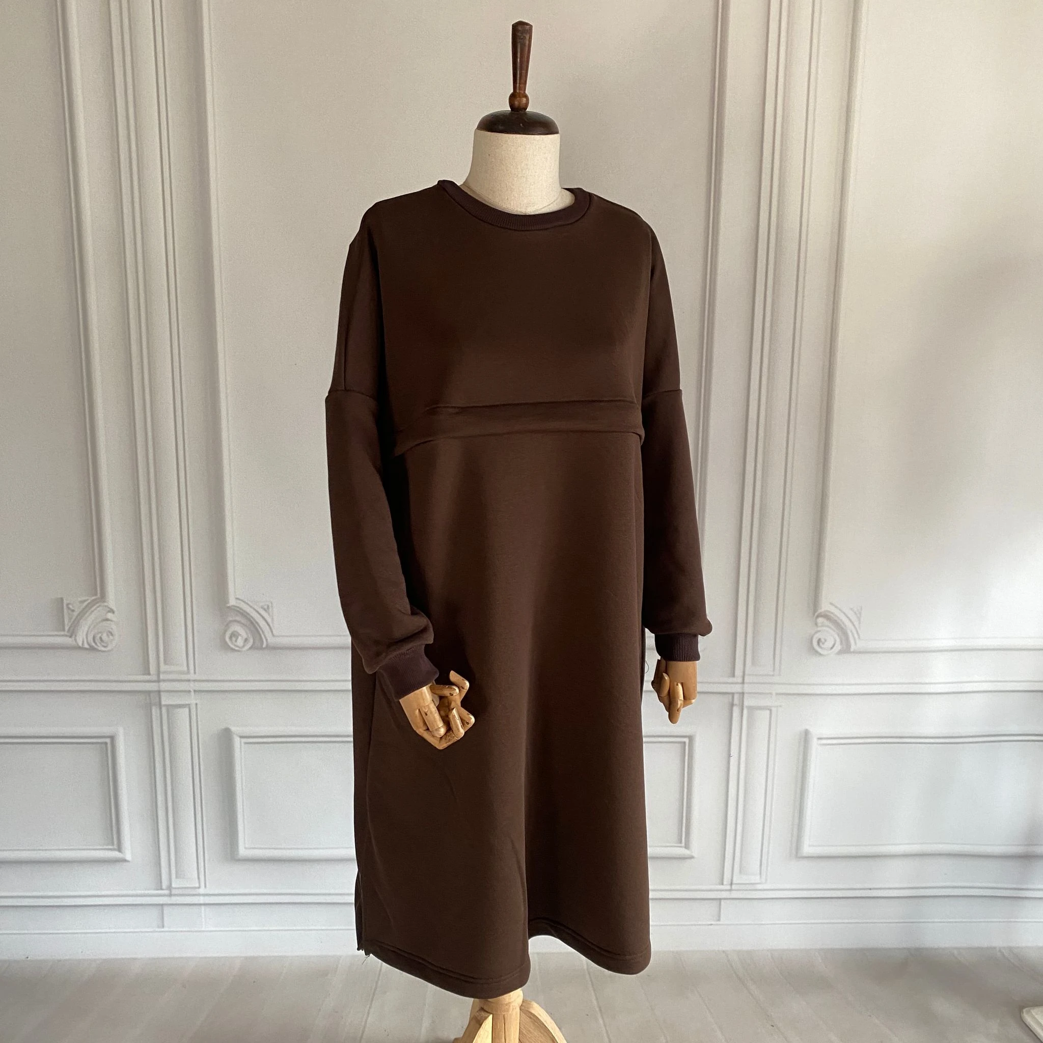 Mersha Oversize Emzirme Özellikli Lohusa Tuniği 100cm - Lohusa Giysi - Kahverengi