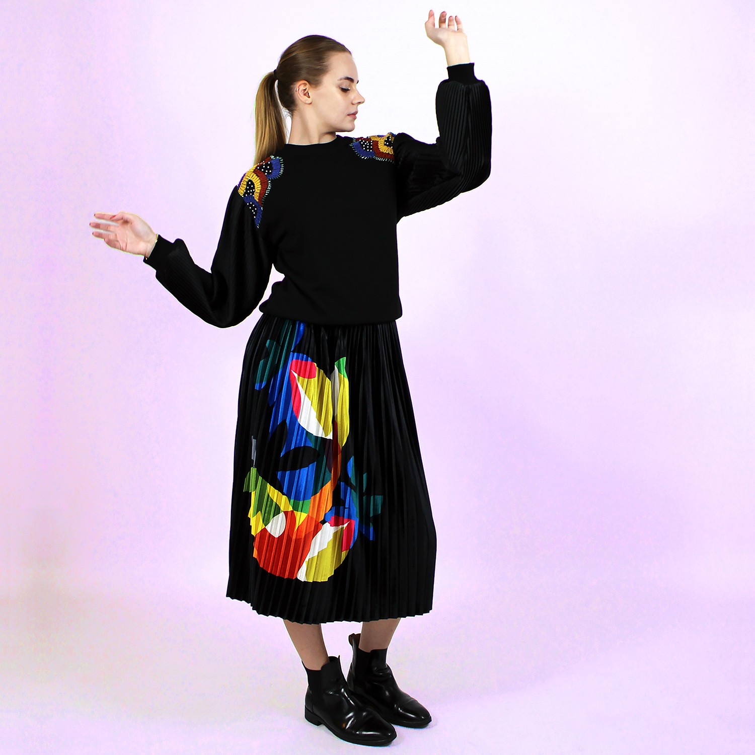 Pleated Sleeve Black Sweatshirt With Embroidered Shoulders