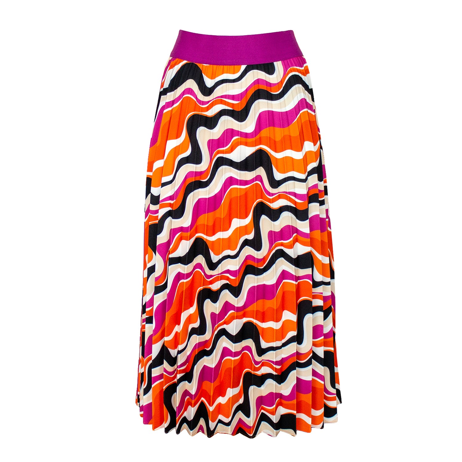 Half-Circle Pleated Midi Skirt With Colorful Wavy Print