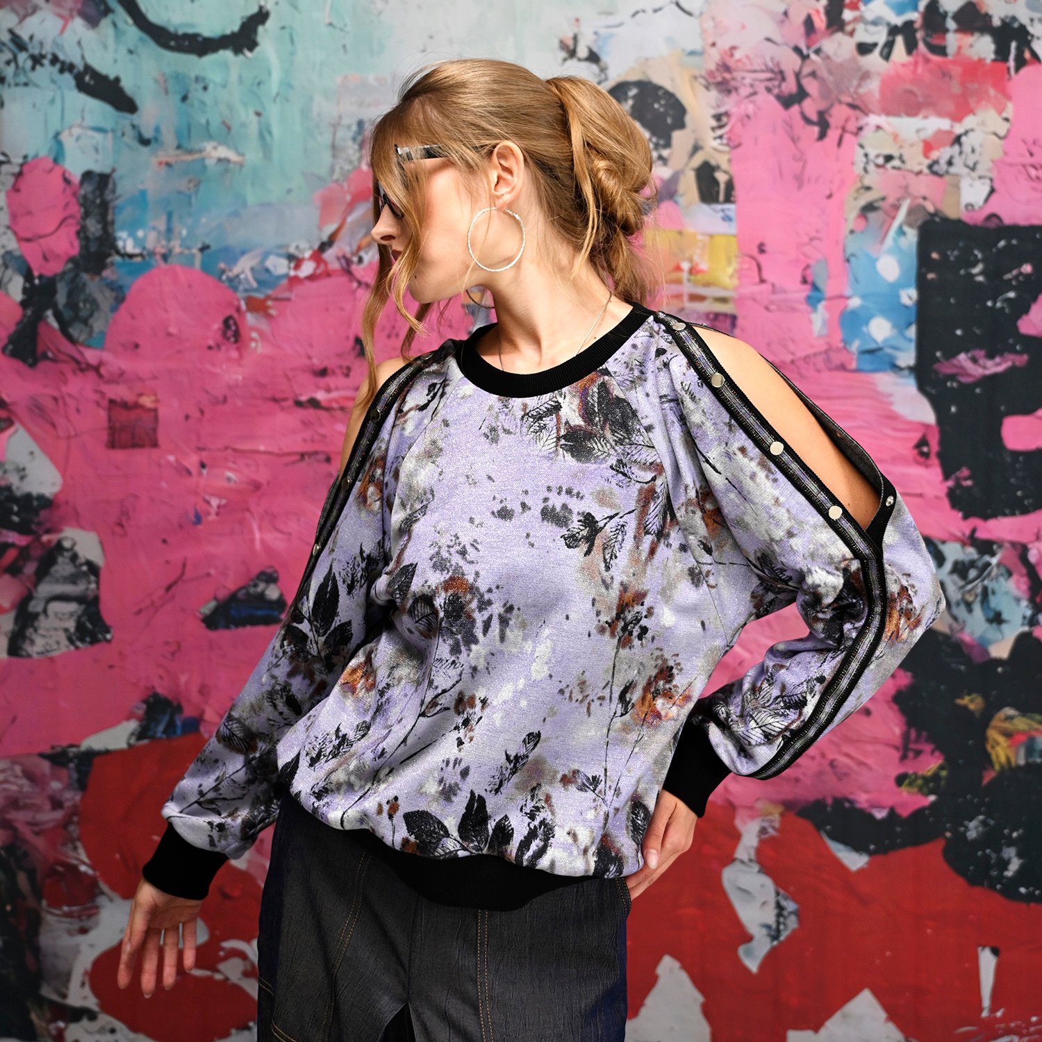 Floral Print Sweatshirt With Snap-Button Shoulder Detail