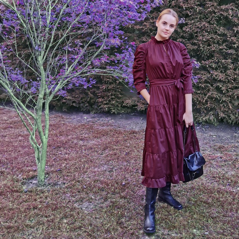 Cotton Poplin Burgundy Midi Dress