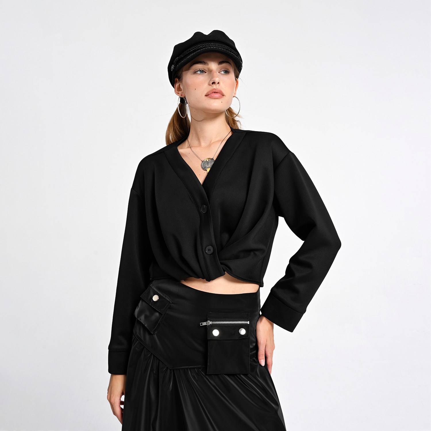 Black Cropped Shirt With Draped Front Detail