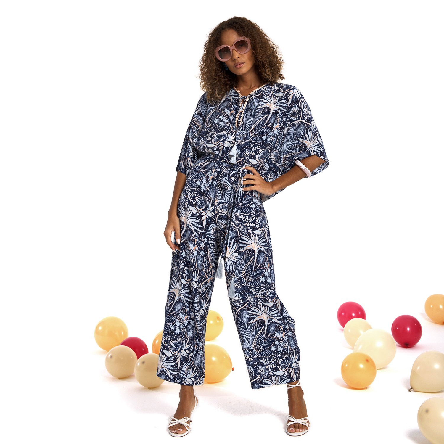 Floral Print Jumpsuit With Fluttering Cape Sleeves