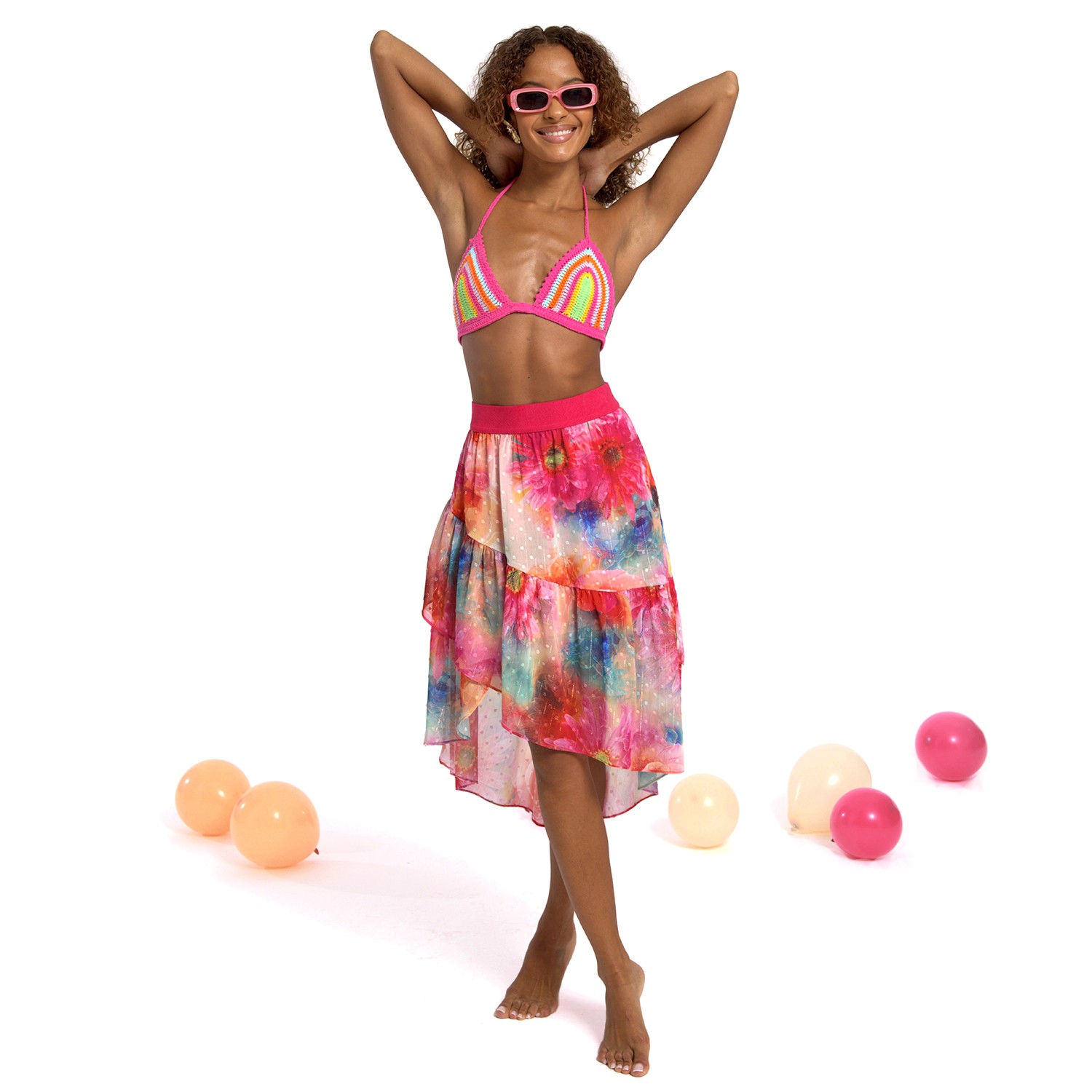 Multicolor Floral Print Asymmetric Chiffon Skirt