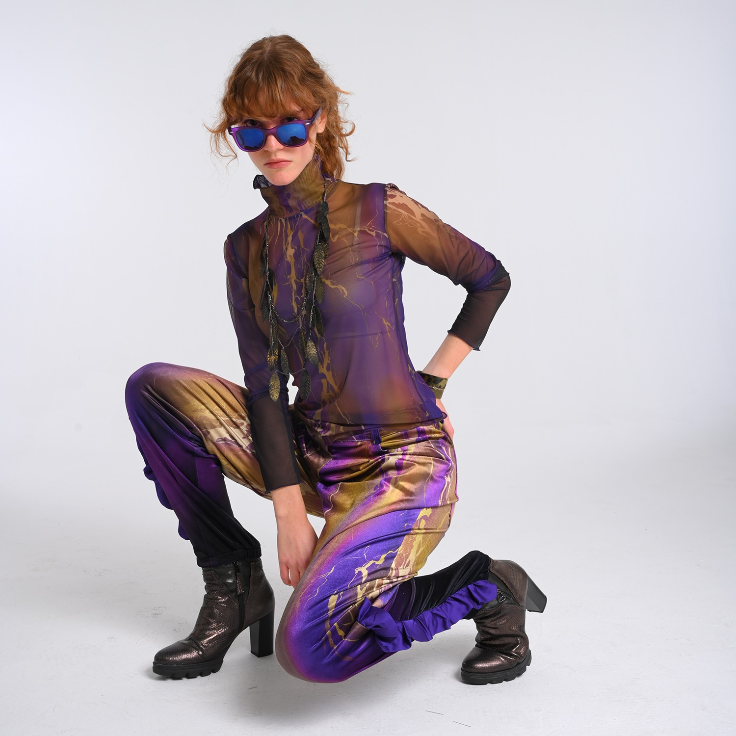Abstract Printed Semi-Sheer Tulle Top