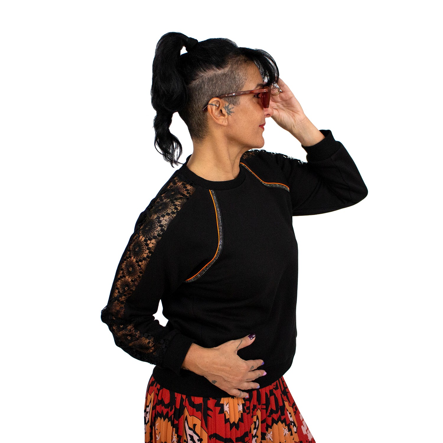 Black Sweatshirt With Guipure Lace Raglan Sleeves