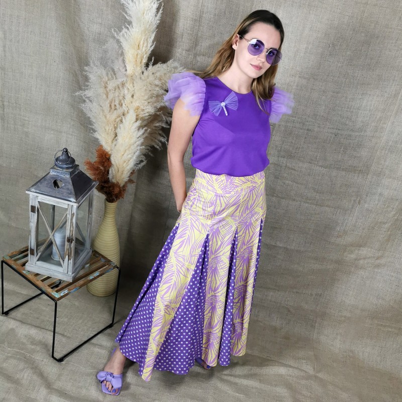 Purple T-shirt with Short Tiered Tulle Sleeves